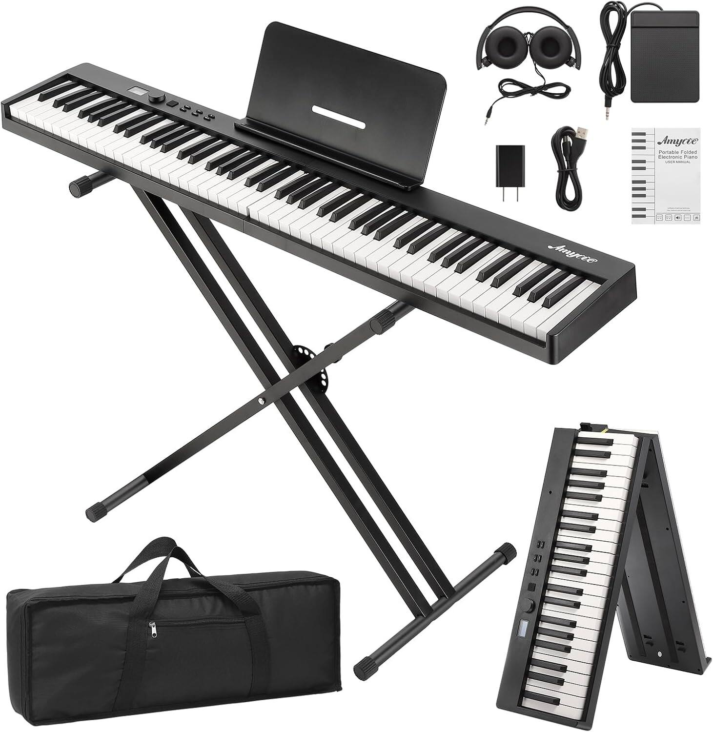 Sure, here is the corrected and grouped text from the image:

---

**Amycte Portable Folded Keyboard**

- **Model:** Pana
- **Features:**
  - 33 Keys
  - Built-in Speaker
  - USB/MIDI Interface
  - Power Adapter Included
  - Foldable Design
  - Portable Case Included

---

**Accessories Included:**
- Headphones
- Power Adapter
- USB Cable
- MIDI Cable
- Portable Case

---