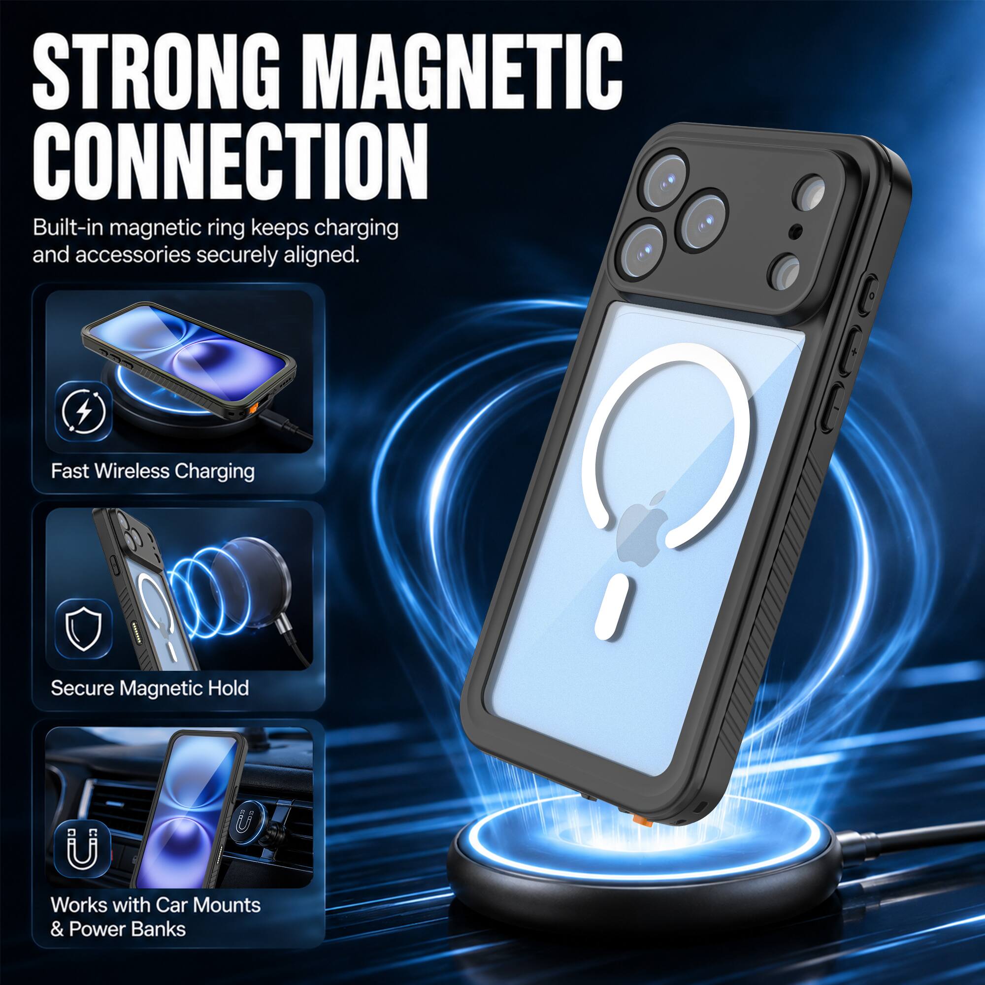 STRONG MAGNETIC CONNECTION  
Built-in magnetic ring keeps charging and accessories securely aligned.  

Fast Wireless Charging  
Secure Magnetic Hold  
Works with Car Mounts & Power Banks