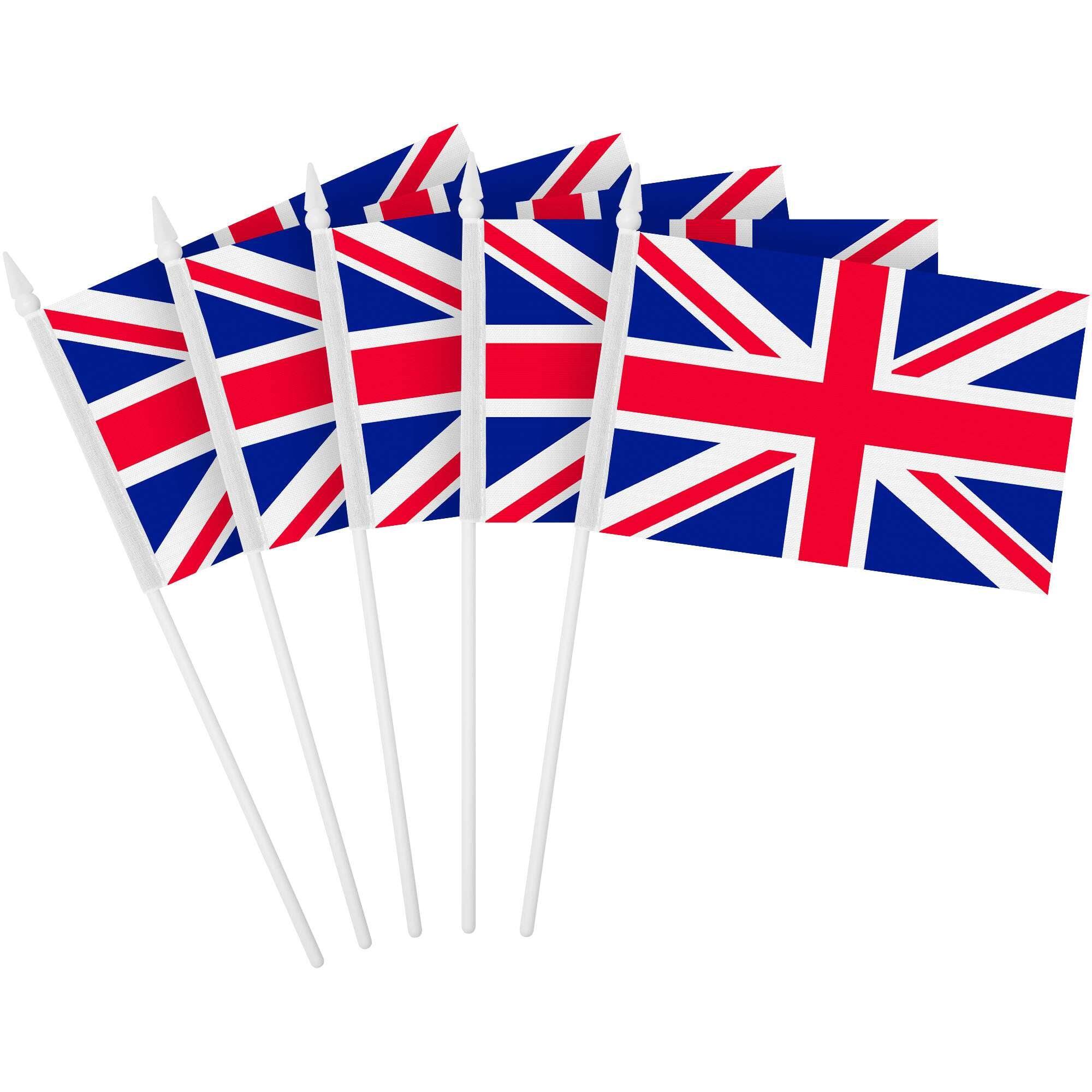 Front. G128 - Handheld United Kingdom UK Stick Flags 4x6 Inch Printed 150D Polyester 10 Pack - Red, white, blue.