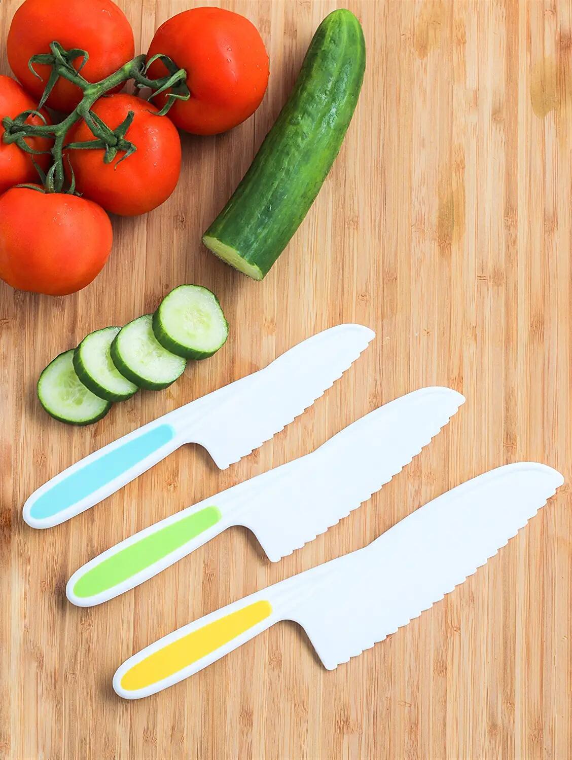 Left. Tovla Jr - Kids 3-Piece Nylon Kitchen Baking Knife Set: Children's Cooking Knives in 3 Sizes & Colors - BPA-Free - Multi Green - Green.