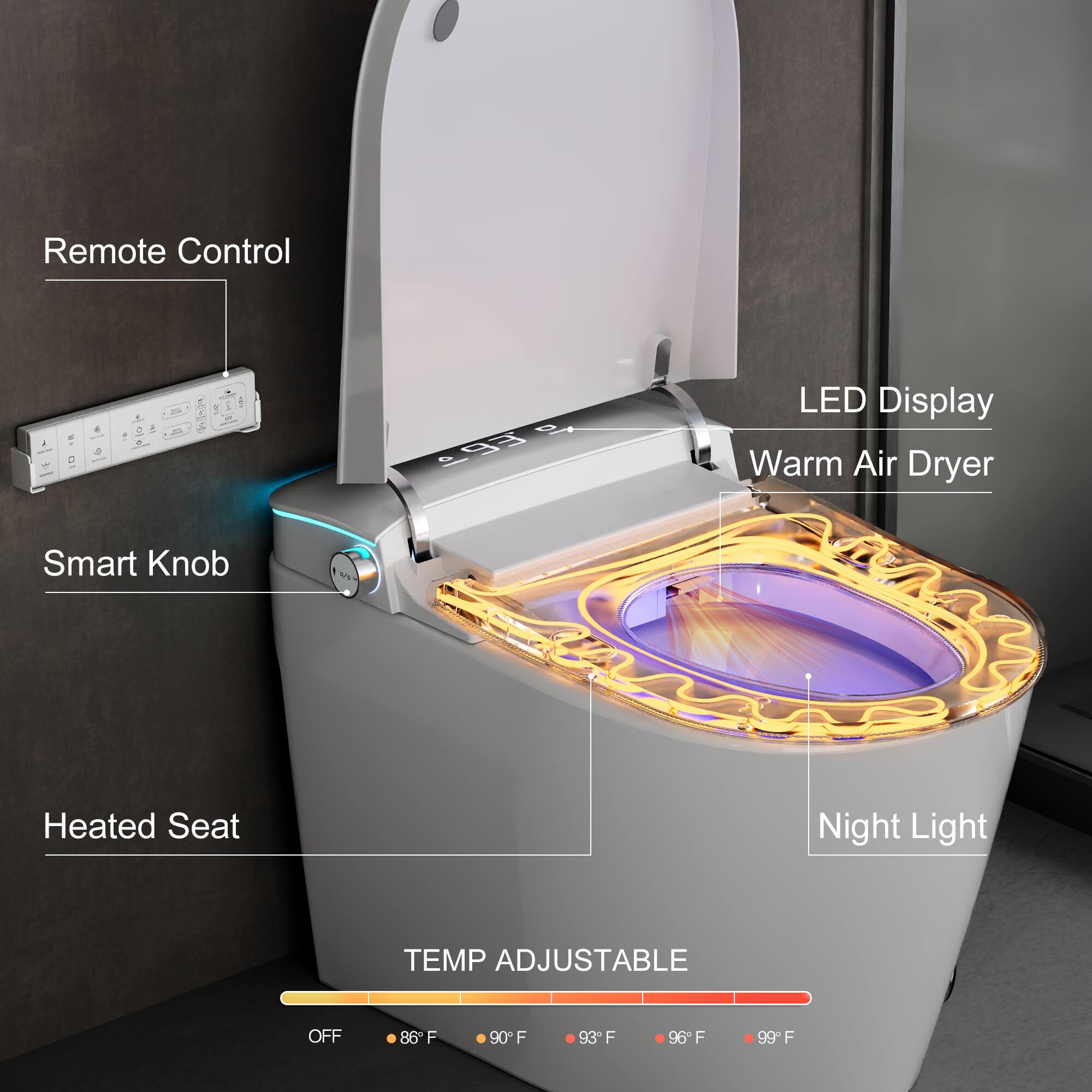 Remote Control  
LED Display  
Warm Air Dryer  
Smart Knob  
Heated Seat  
Night Light  
TEMP ADJUSTABLE  
OFF 86°F 90°F 93°F 96°F 99°F