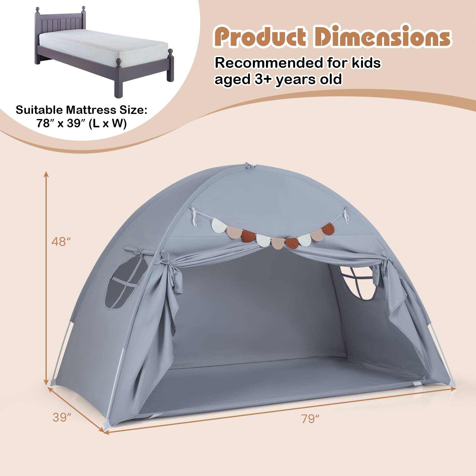 Product Dimensions  
Recommended for kids aged 3+ years old  

Suitable Mattress Size: 78" x 39" (L x W)  

48"  
39"  
79"