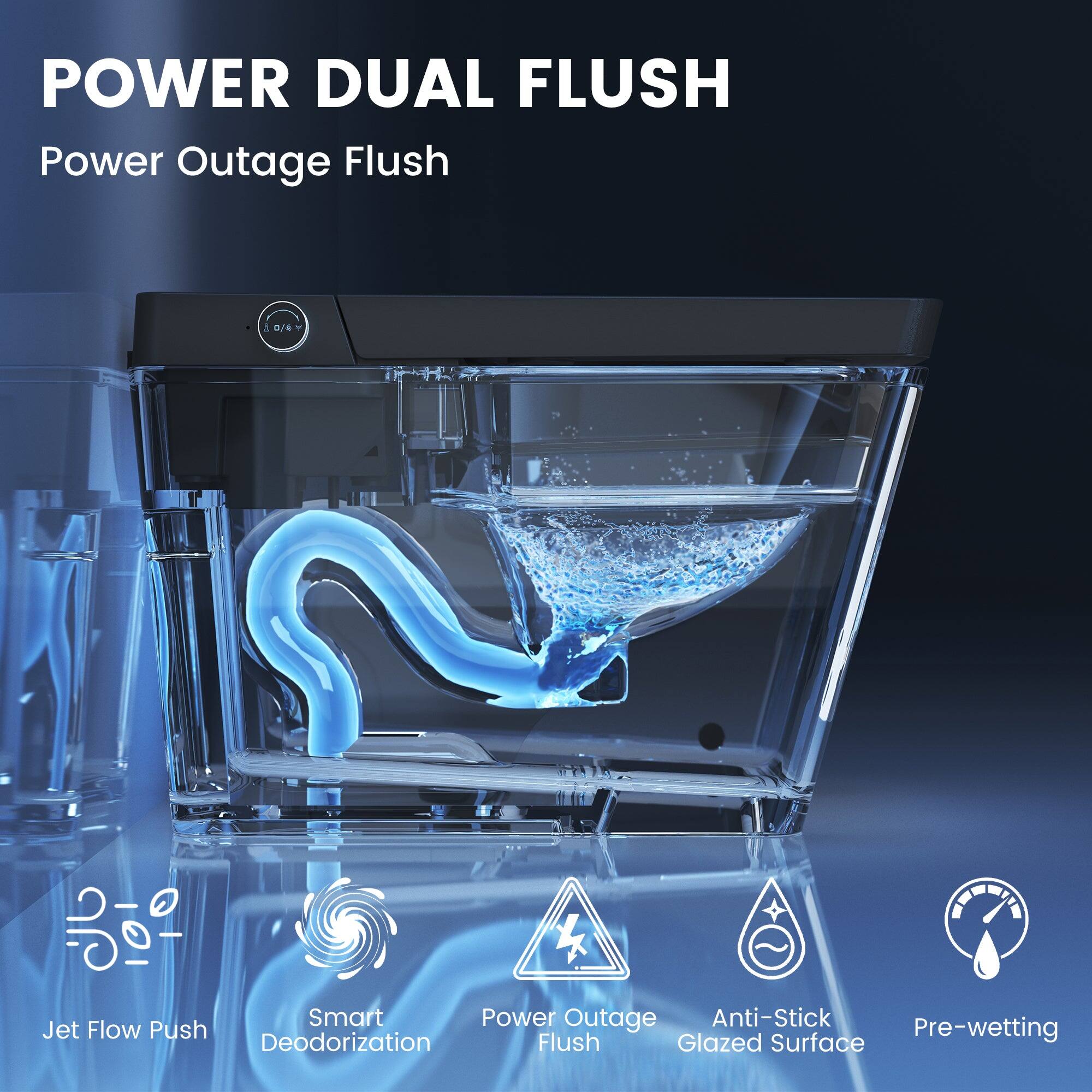 POWER DUAL FLUSH  
Power Outage Flush  

- Jet Flow Push  
- Smart Deodorization  
- Power Outage Flush  
- Anti-Stick Glazed Surface  
- Pre-wetting