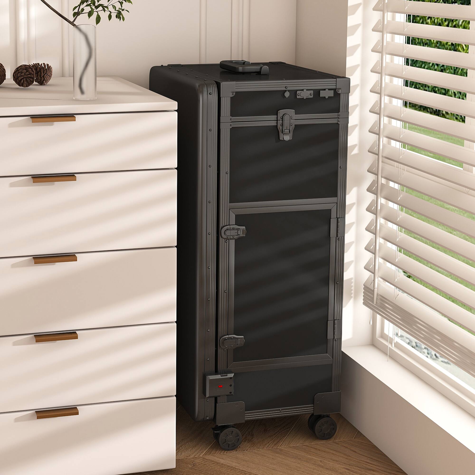 Alt View 6. GOODSILO - Professional Folding Nail Art Table with LED Mirror Bluetooth Speaker Lockable Drawers Telescopic Pole Salon Station - Black.