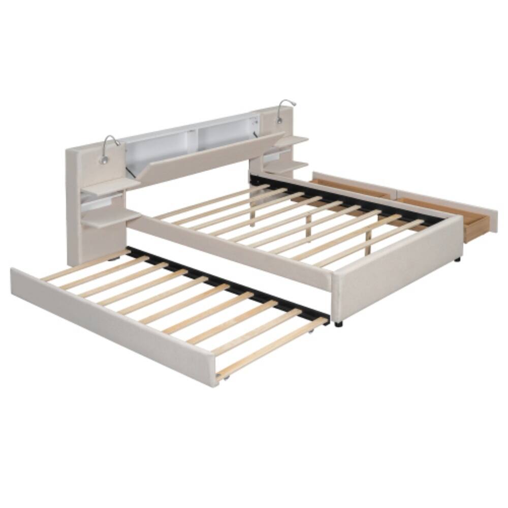 Alt View 2. LUCKY ONE - Queen Size Upholstered Platform Bed with Reading Lights, Drawers, Trundle, Storage Shelves, Linen Fabric - Beige.