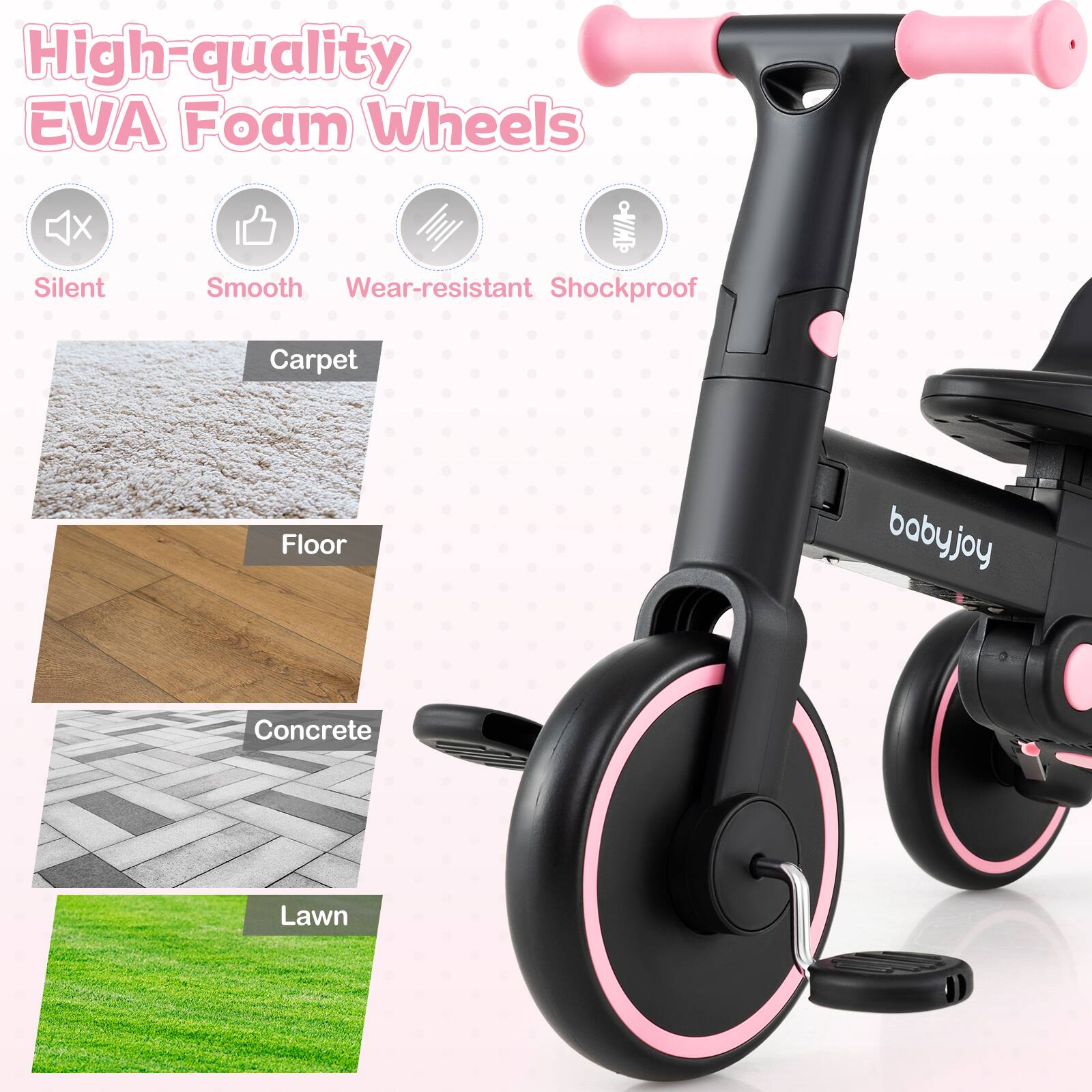 High-quality EVA Foam Wheels

- Silent
- Smooth
- Wear-resistant
- Shockproof

Carpet  
Floor  
Concrete  
Lawn