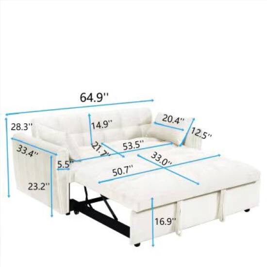 Here are the measurements grouped and corrected from the image:

- Length: 64.9"
- Width: 50.7"
- Depth: 28.3"
- Height: 20.4"
- Seat Height: 14.9"
- Arm Height: 21.7"
- Back Height: 53.5"
- Seat Depth: 23.2"
- Arm Depth: 12.5"
- Cushion Height: 5.5"
- Side Height: 33.4"
- Side Depth: 33.0"
- Leg Height: 16.9"