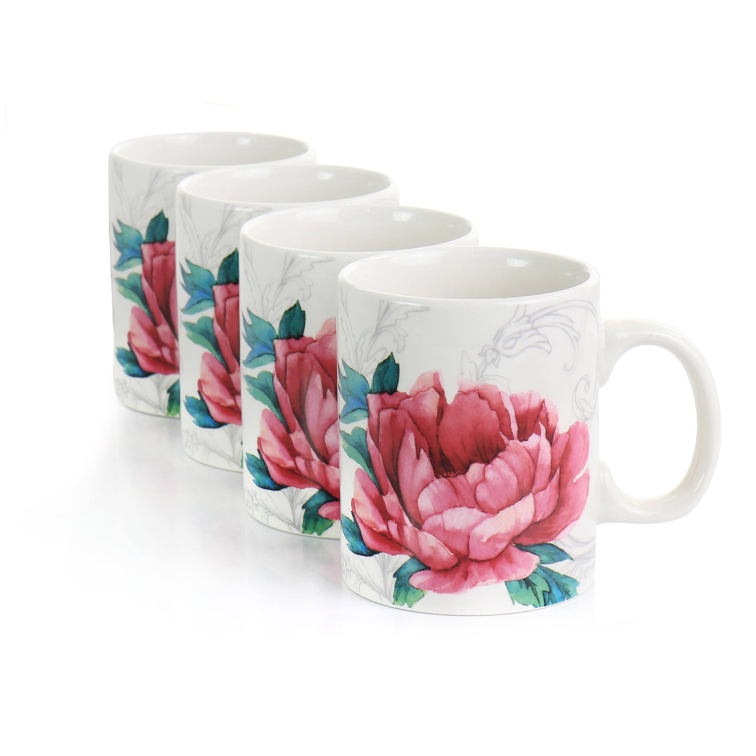Alt View 1. Martha Stewart - Martha Stewart Peony 4 Piece 16 Ounce Fine Ceramic Mug Set in White and Pink - Pink.