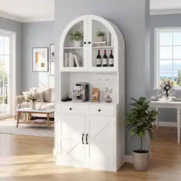 Loheer - Farmhouse Pantry Cabinet, Arched Coffee Bar Cabinet with Charging Station, Glass Doors, Adjustable Shelves - White