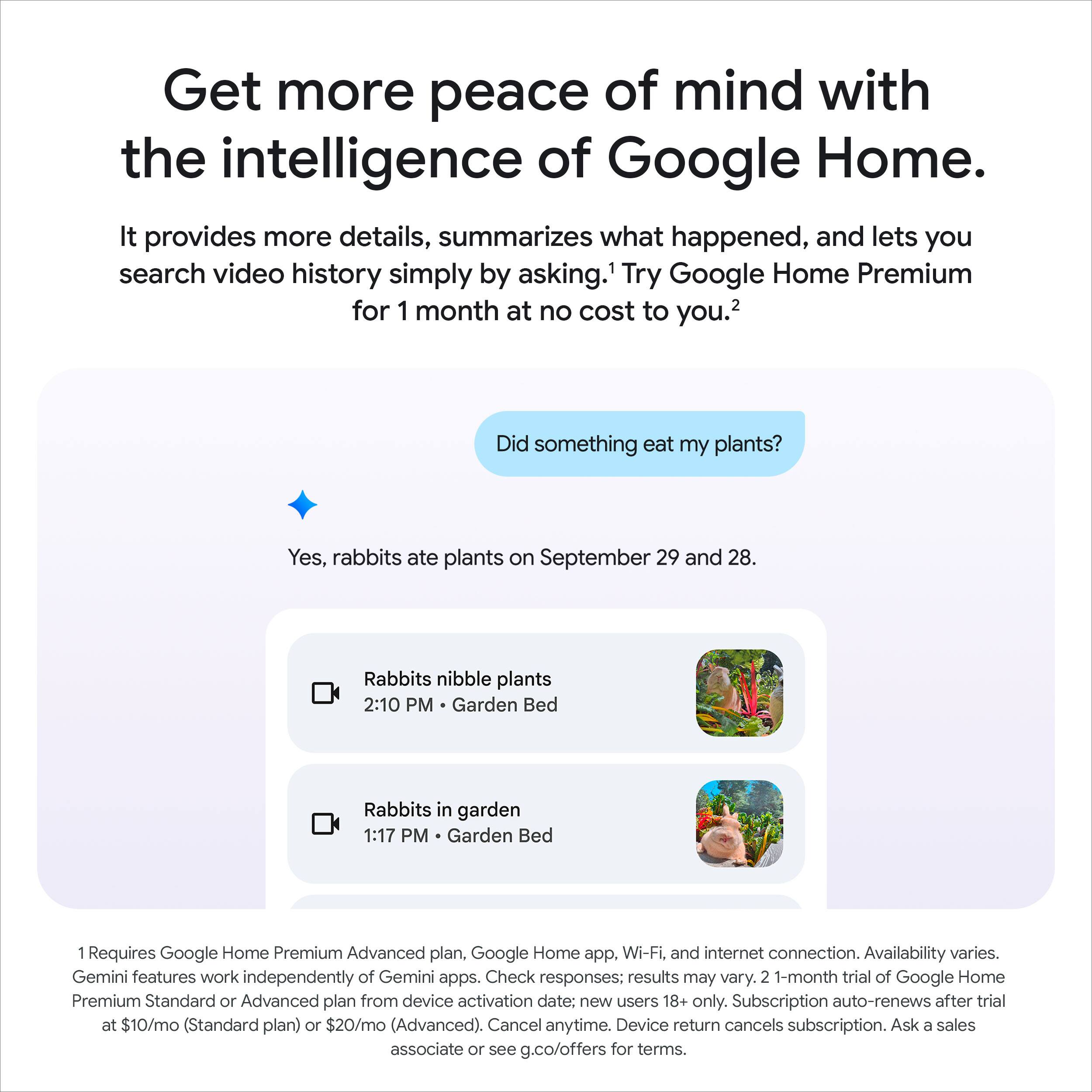 Get more peace of mind with the intelligence of Google Home.
It provides more details, summarizes what happened, and lets you search video history simply by asking.
1 Try Google Home Premium for 1 month at no cost to you.
2 Did something eat my plants?
Yes, rabbits ate plants on September 29 and 28.
Rabbits nibble plants 2:10 PM Garden Bed
Rabbits in garden 1:17 PM Garden Bed
1 Requires Google Home Premium Advanced plan, Google Home app, Wi-Fi, and internet connection. Availability varies. Gemini features work independently of Gemini apps. Check responses; results may vary.
2 1-month trial of Google Home Premium Standard or Advanced plan from device activation date: new users 18+ only. Subscription auto-renews after trial at $10/mo (Standard plan) or $20/mo (Advanced). Cancel anytime. Device return cancels subscription. Ask a sales associate or see g.co/offers for terms.