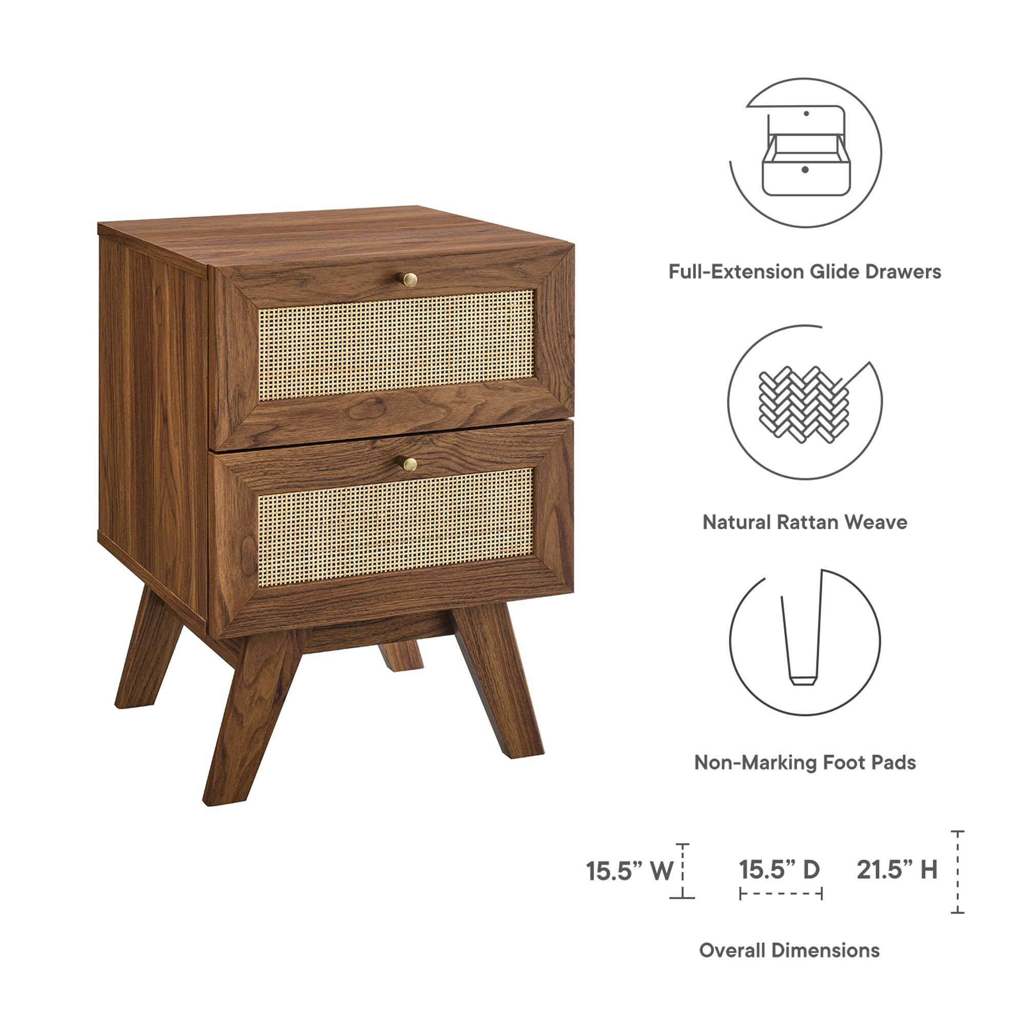 Full-Extension Glide Drawers  
Natural Rattan Weave  
Non-Marking Foot Pads  

15.5" W x 15.5" D x 21.5" H  
Overall Dimensions