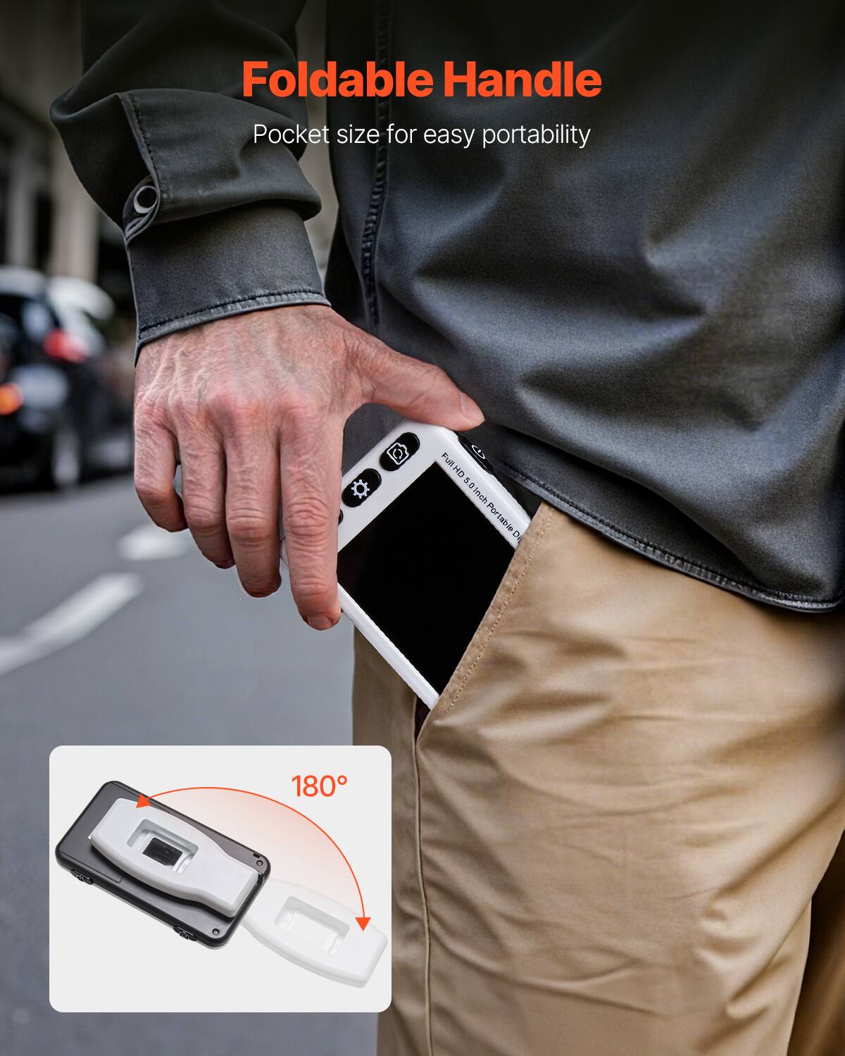 Foldable Handle Pocket size for easy portability

Full HD 5.0 inch Portable DV

180°