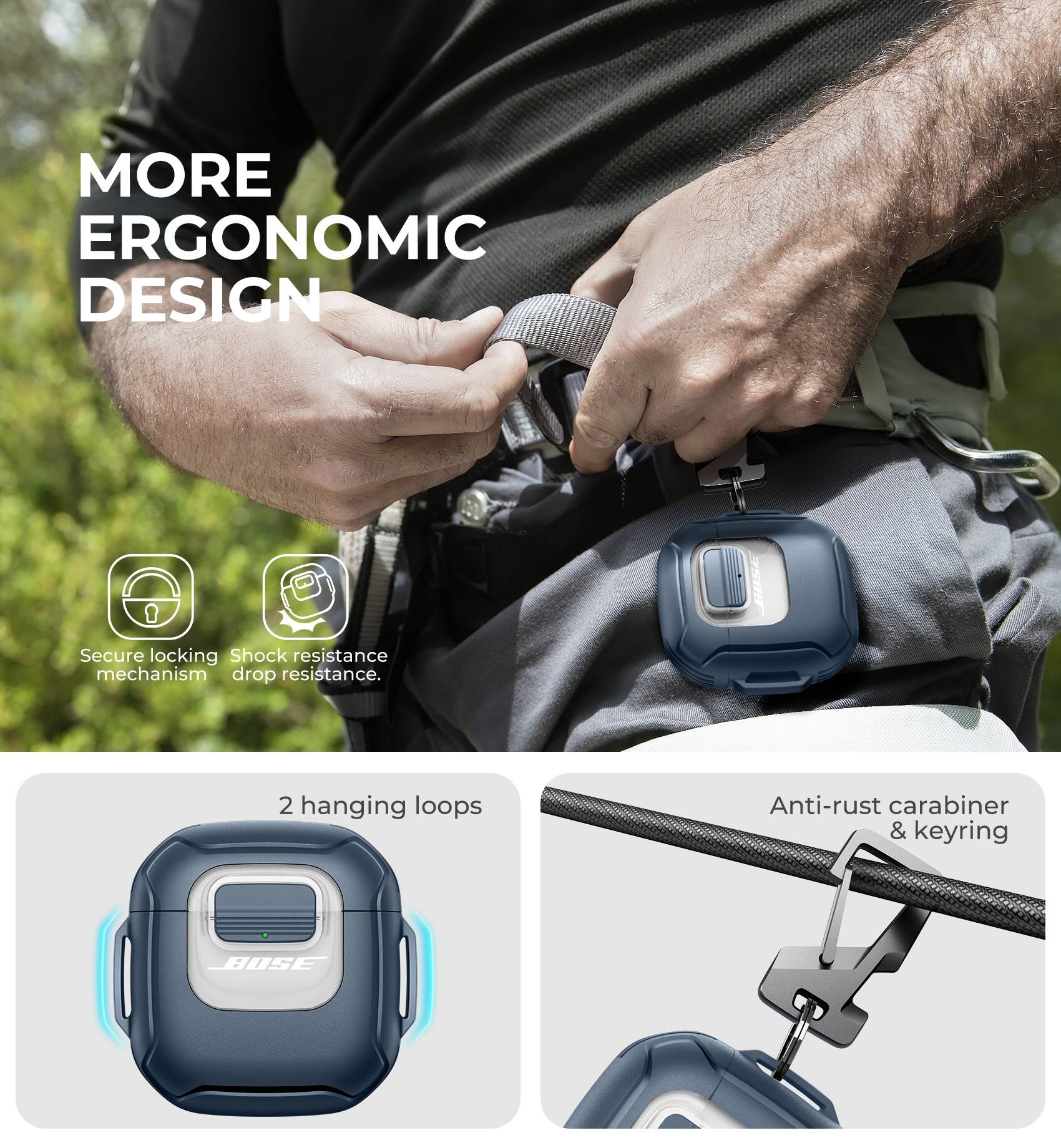 MORE ERGONOMIC DESIGN

- Secure locking mechanism
- Shock resistance drop resistance
- 2 hanging loops
- Anti-rust carabiner & keyring