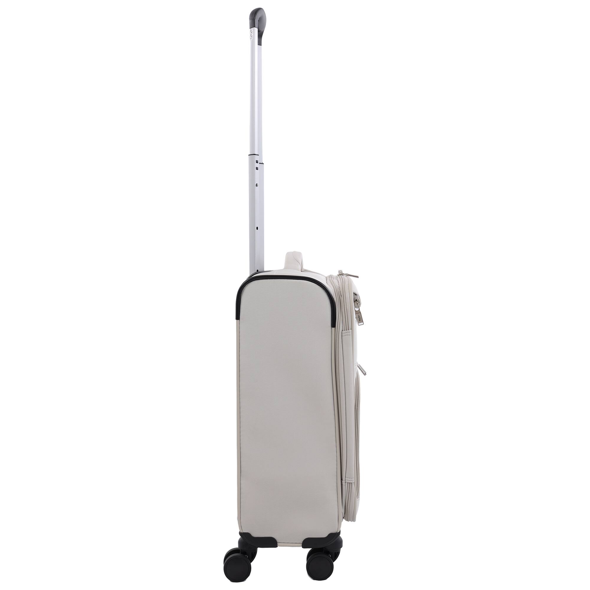 Left. Martha Stewart - 22" Softside Carry-On Luggage – Expandable Spinner with 8 Wheels & Front Zip Pockets - LIGHT GREY.