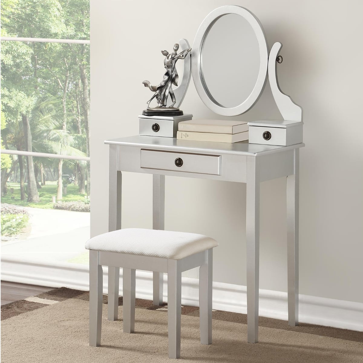 Loheer - Makeup Vanity Table and Stool Set with Adjustable Oval Mirror - Silver