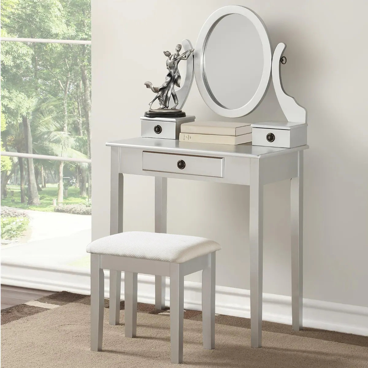 Front. Loheer - Loheer Silver Makeup Vanity Table and Stool Set with Adjustable Oval Mirror - Silver.