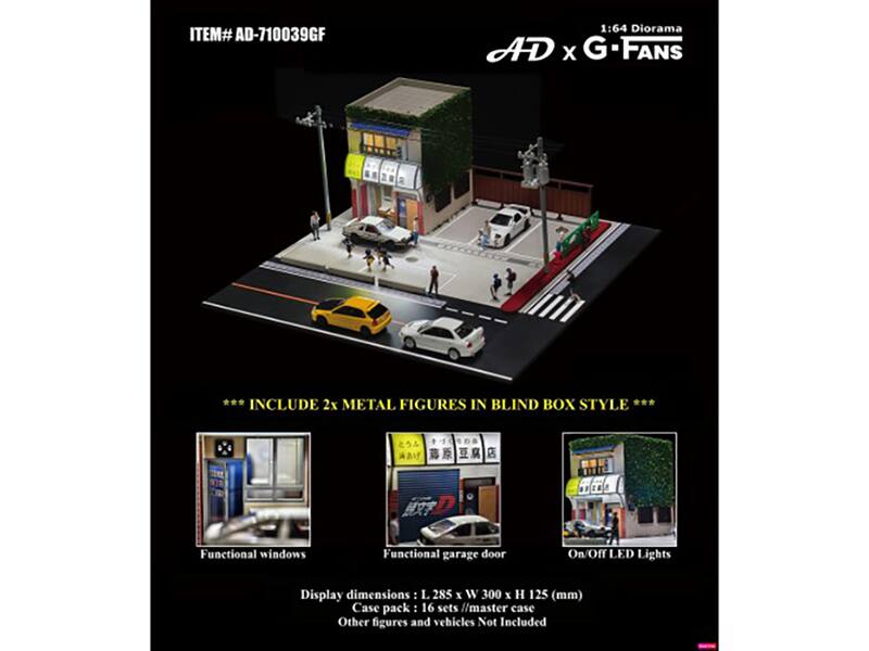 ITEM# AD-710039GF  
1:64 Diorama AD x G FANS  
*** INCLUDE 2x METAL FIGURES IN BLIND BOX STYLE ***  
D  
Functional windows  
Functional garage door  
On/Off LED Lights  
Display dimensions: L 285 x W 300 x H 125 (mm)  
Case pack: 16 sets //master case  
Other figures and vehicles Not Included