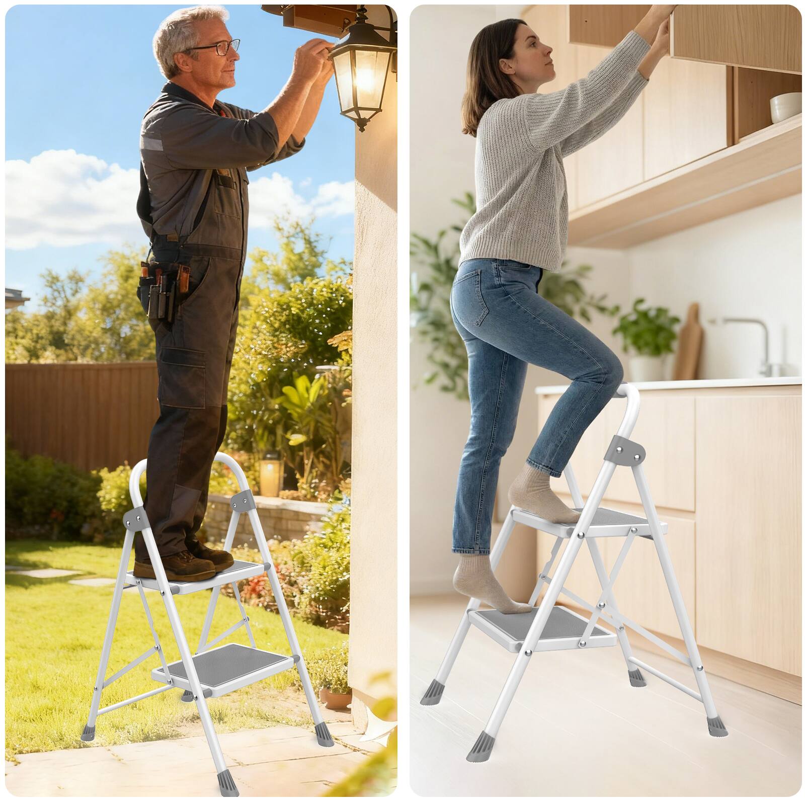 Back. AENKYO - 2-Step Portable Folding Steel Ladder with Hand Rail &Wide Anti-slip Treads - Gray.