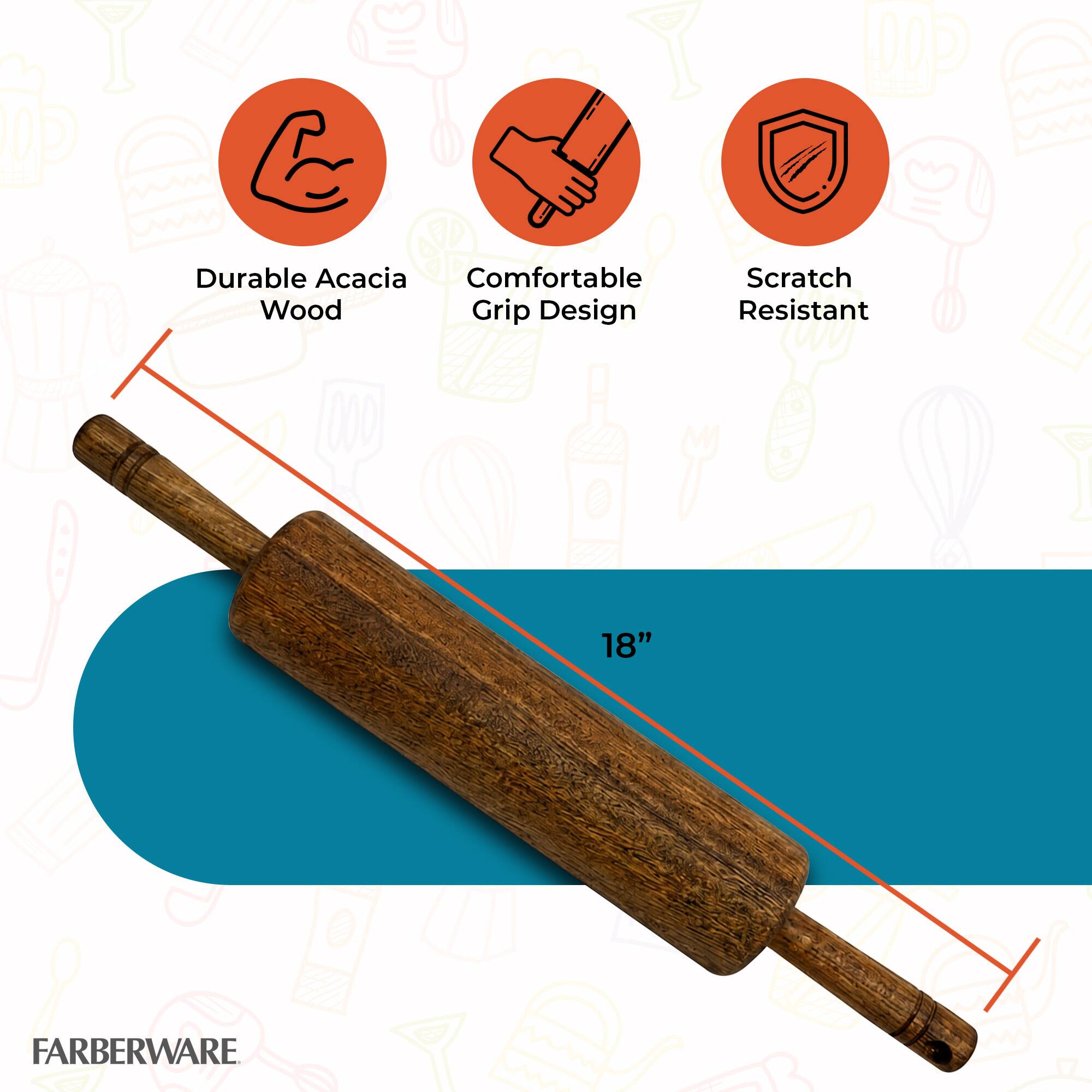 Durable Acacia Wood, Comfortable Grip Design, Scratch Resistant, 18" FARBERWARE