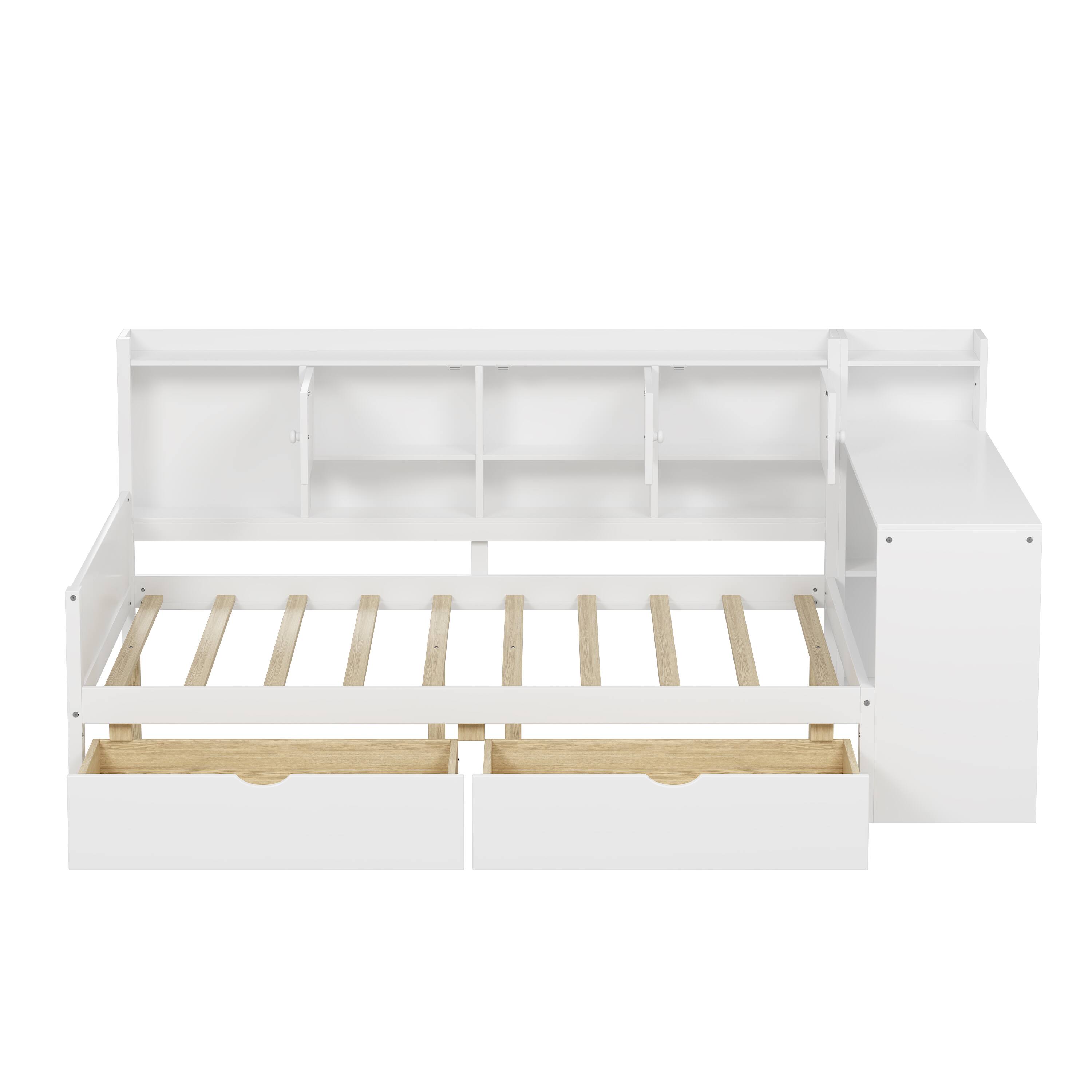 Back. Tiramisubest - Wooden L-Shape Daybed with Storage Cabinets and Drawers, Multi-functional Bed with Study Desk and Built-in Bookshelf - White.