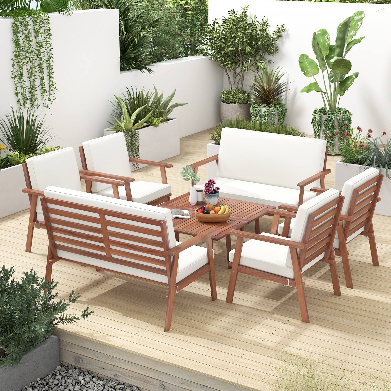Alt View 3. Costway - 8 PCS Patio Conversation Set Acacia Wood Sofa Coffee Table with Cushioned Seat - Natural + Off White.