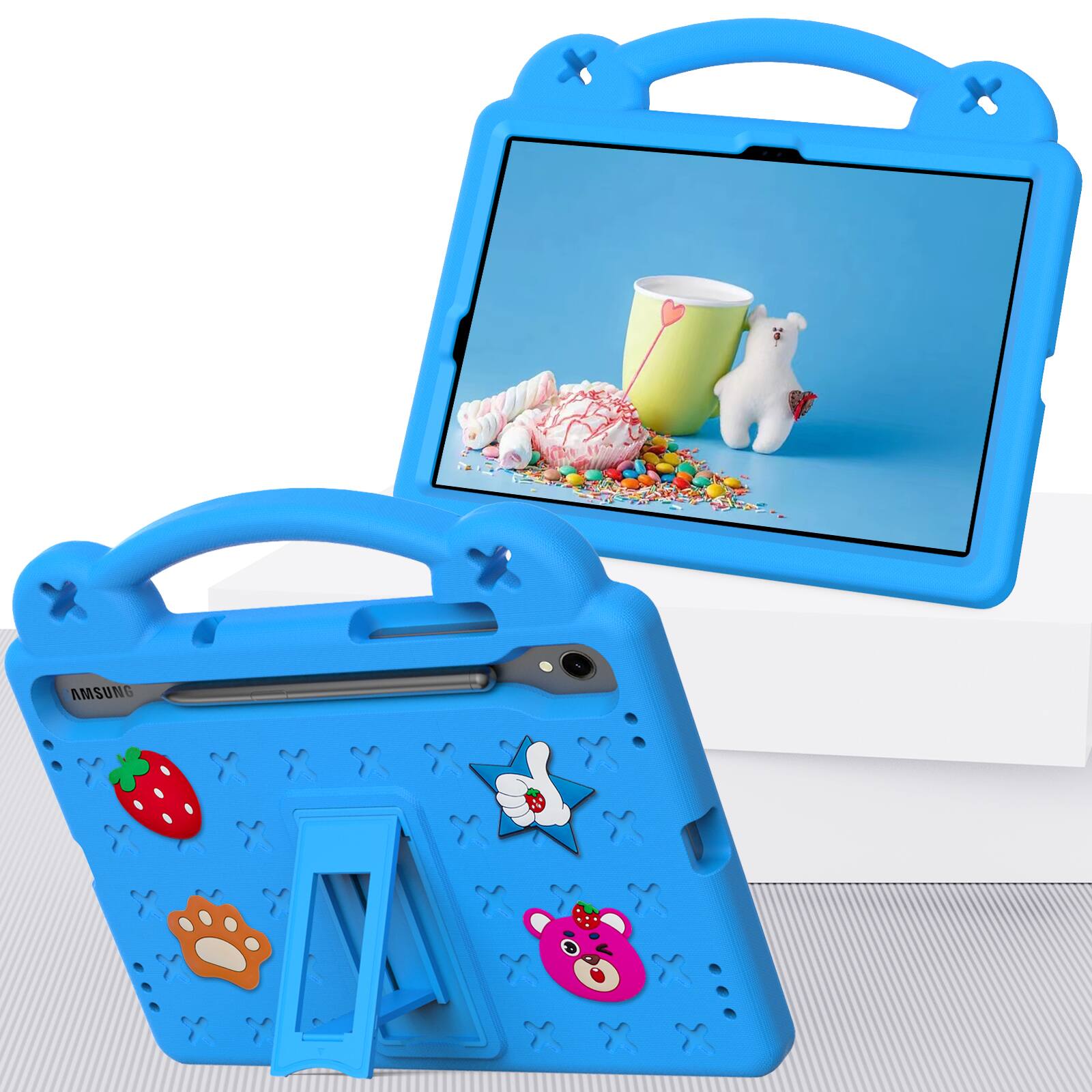 Angle. Dteck - For Samsung Galaxy Tab S9 FE/S9/S8/S7 Cute Cartoon Kid Case Built-in Kickstand Handle Grip Shockproof Cover - Blue.