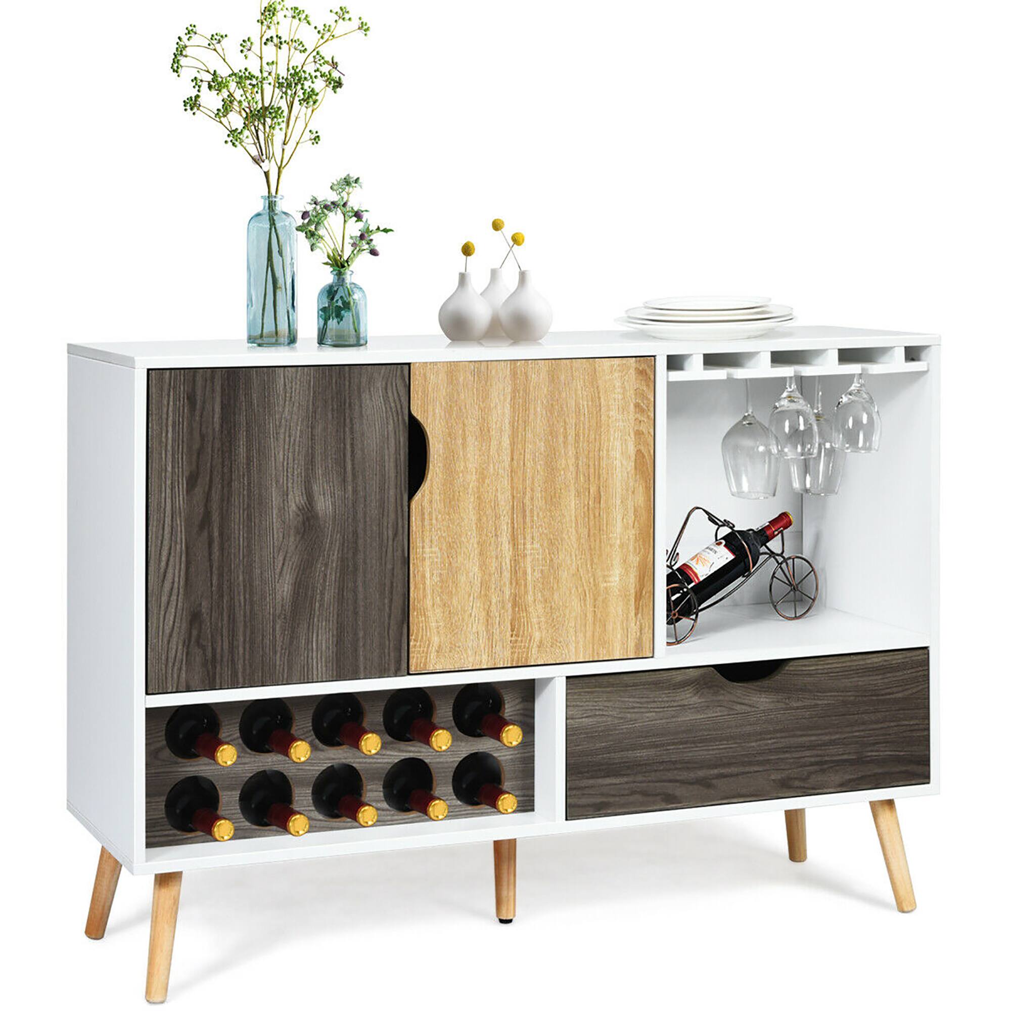 Costway - Mid-Century Buffet Sideboard Wooden Storage Cabinet w/ Wine Rack & Glass Holder - Multicolour
