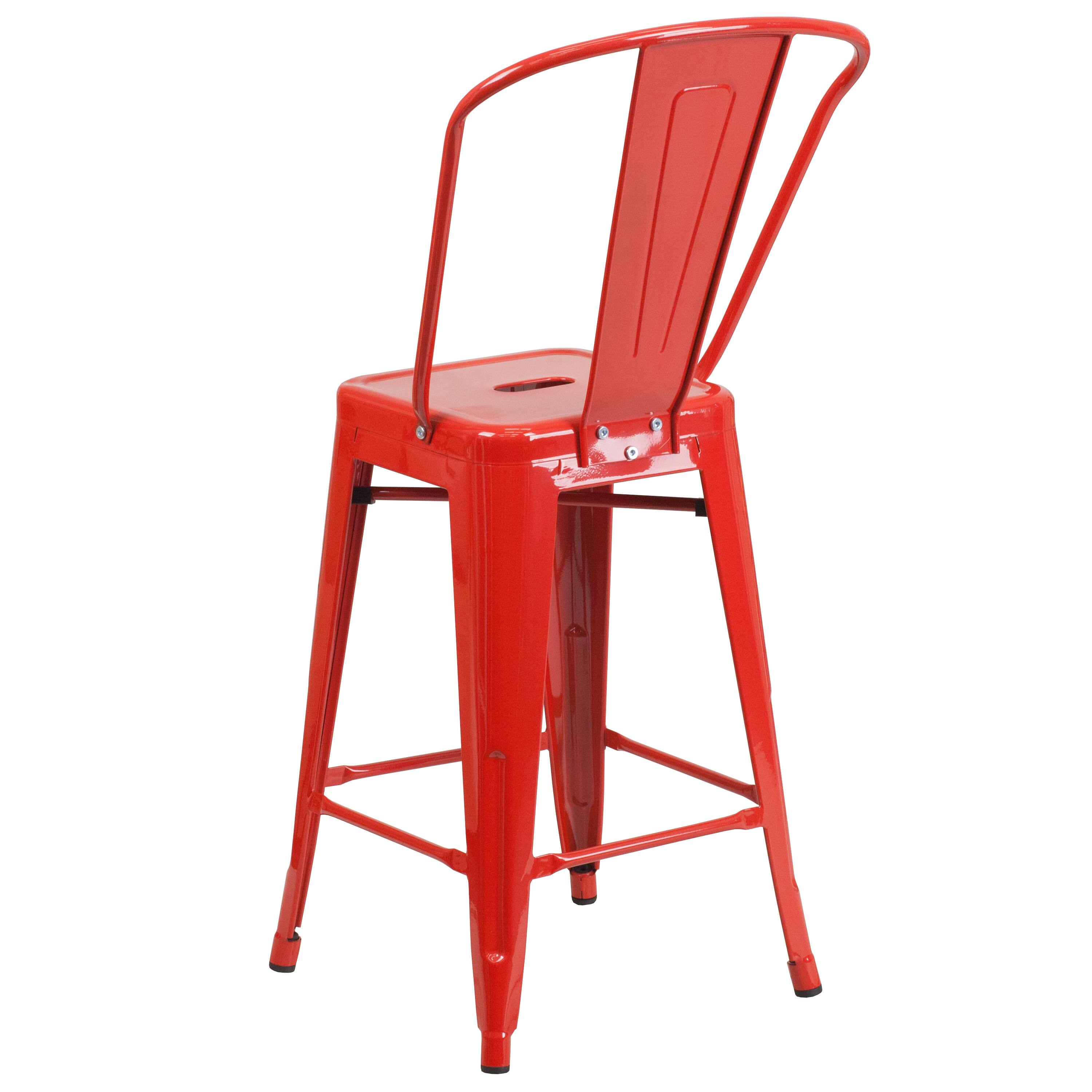 Alt View 5. Emma + Oliver - Commercial Grade 24"H Colorful Metal Indoor-Outdoor Counter Stool with Back - Red.
