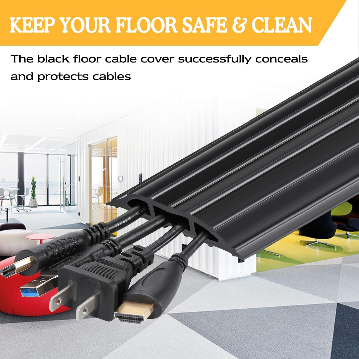 KEEP YOUR FLOOR SAFE & CLEAN

The black floor cable cover successfully conceals and protects cables