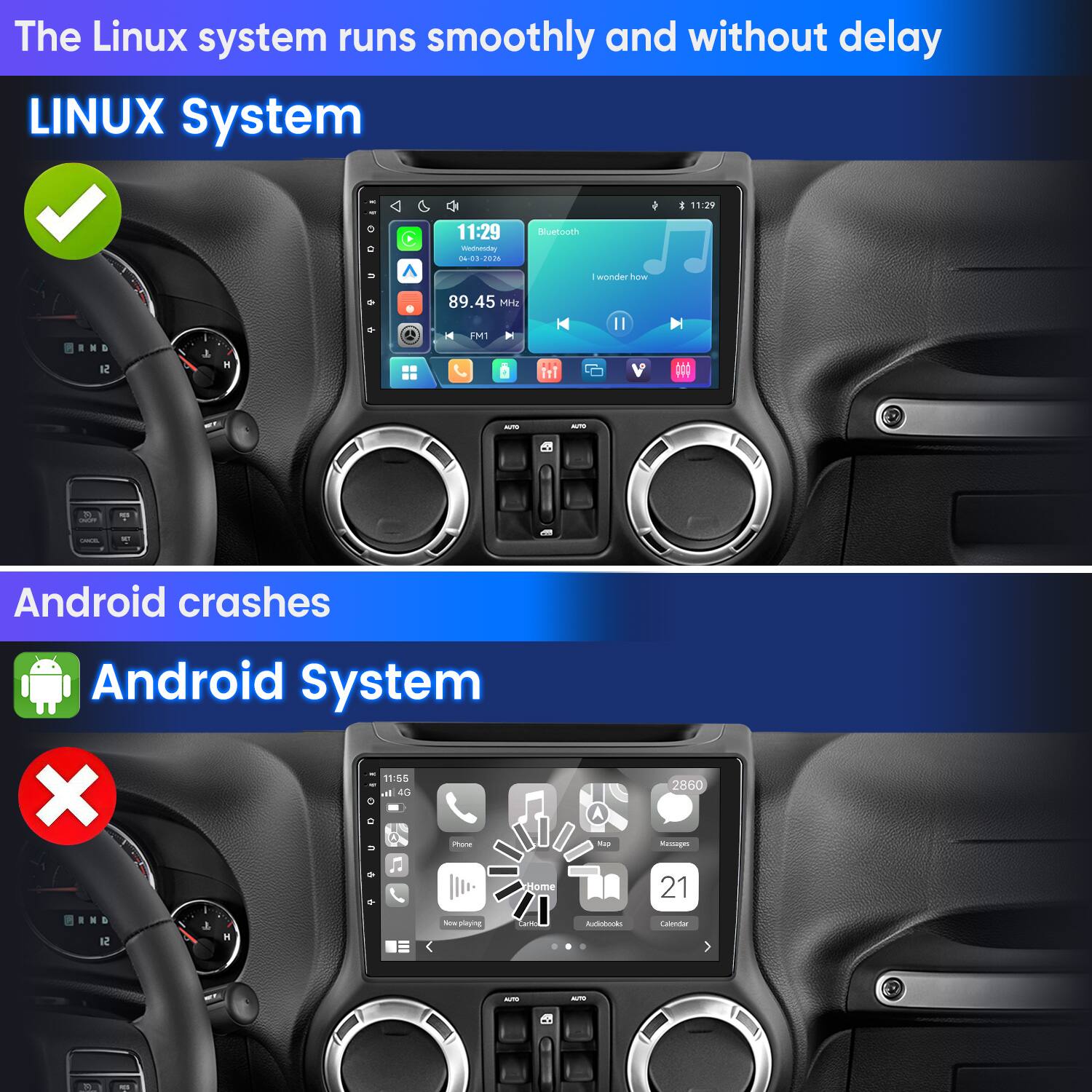 The Linux system runs smoothly and without delay  
LINUX System  
11:29 Wednesday 04-03-2026  
Bluetooth  
- 11:29  
I wonder how  
89.45 MHz FM1  

Android crashes  
Android System 11:55 X 4G 0 D Phone  
2860 Messages  
Home  
21  
You playing  
Carlo  
Audiobooks  
Calendar