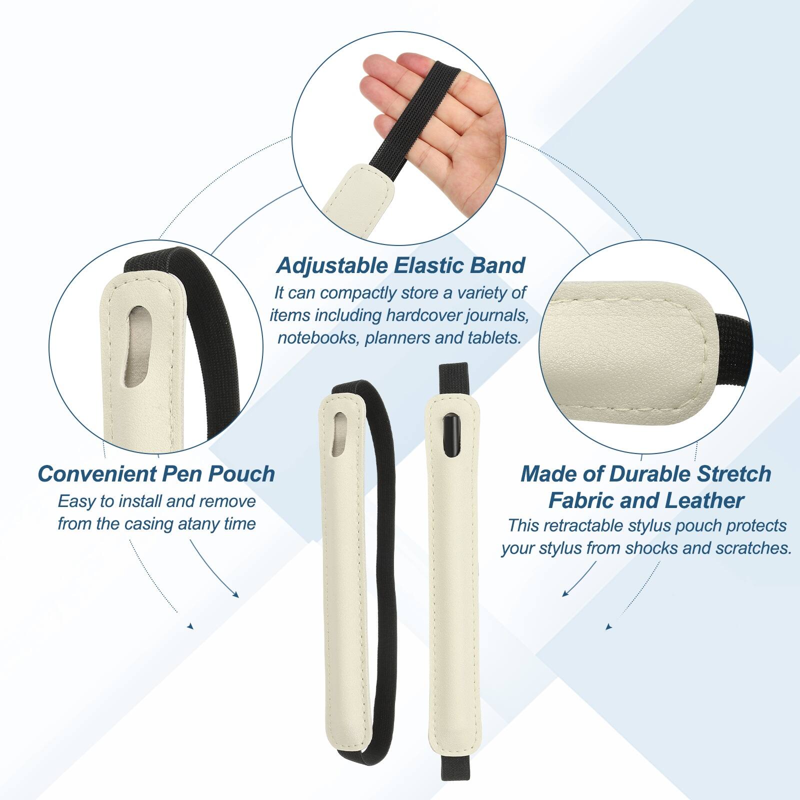Adjustable Elastic Band  
It can compactly store a variety of items including hardcover journals, notebooks, planners, and tablets.

Convenient Pen Pouch  
Easy to install and remove from the casing at any time.

Made of Durable Stretch Fabric and Leather  
This retractable stylus pouch protects your stylus from shocks and scratches.