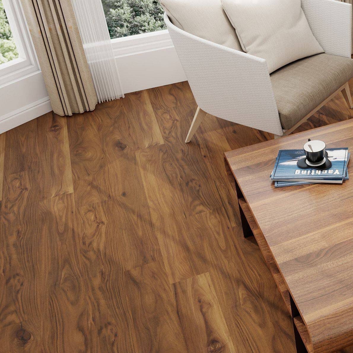 Left. Dotfloor - Superoak Lite Laminate Flooring - 48"x7.7" Planks, 10 Planks/Box (25.6 sq ft/Box), 9.5mm Thick, AC4 Wear Rating - Cove Oak.