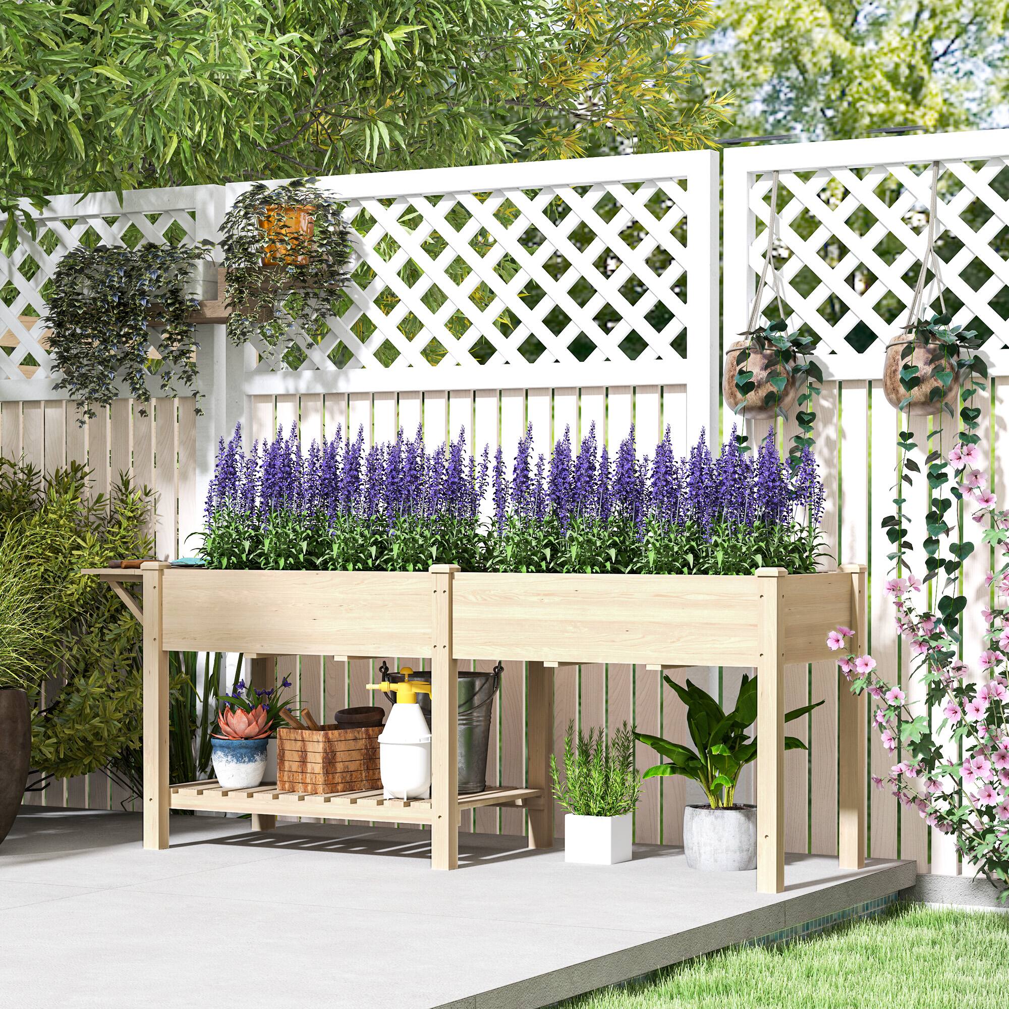 Alt View 1. Outsunny - Raised Garden Bed, Wood Elevated Planter Box with Side Table, Bottom Shelf, Outdoor Raised Planter with Bed Liners - Natural Wood.