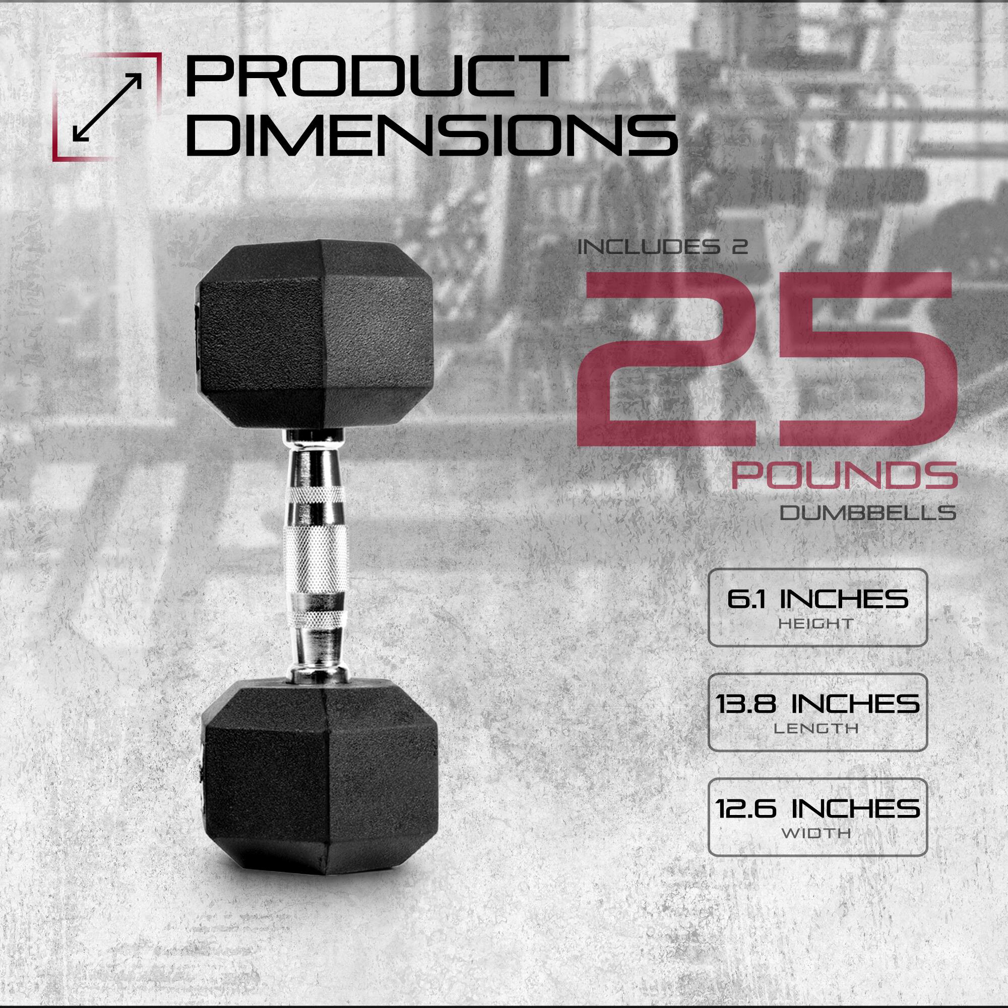 PRODUCT DIMENSIONS  
INCLUDES 2 25 POUNDS DUMBBELLS  
6.1 INCHES HEIGHT  
13.8 INCHES LENGTH  
12.6 INCHES WIDTH
