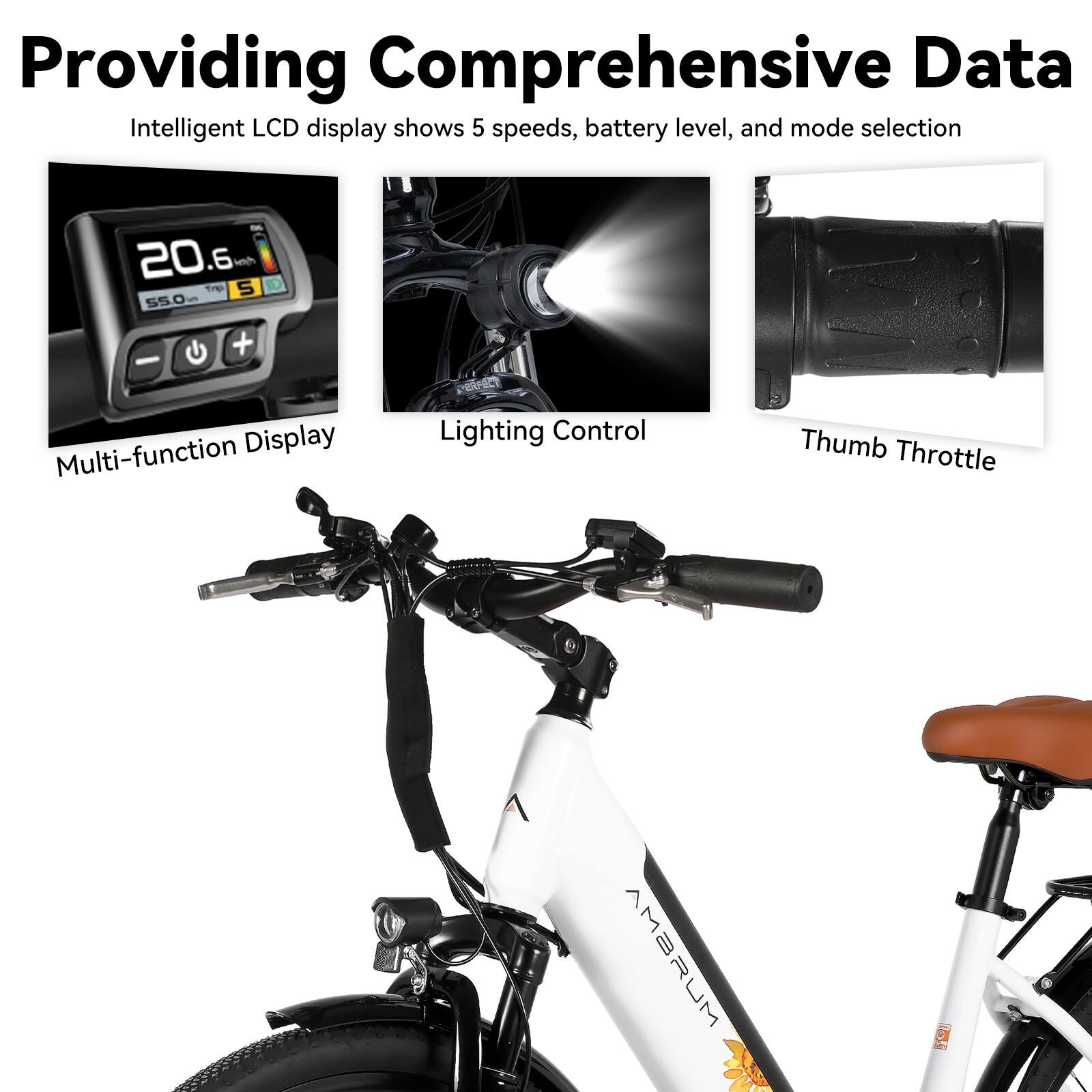 Providing Comprehensive Data  
Intelligent LCD display shows 5 speeds, battery level, and mode selection  

Multi-function Display  
Lighting Control  
Thumb Throttle