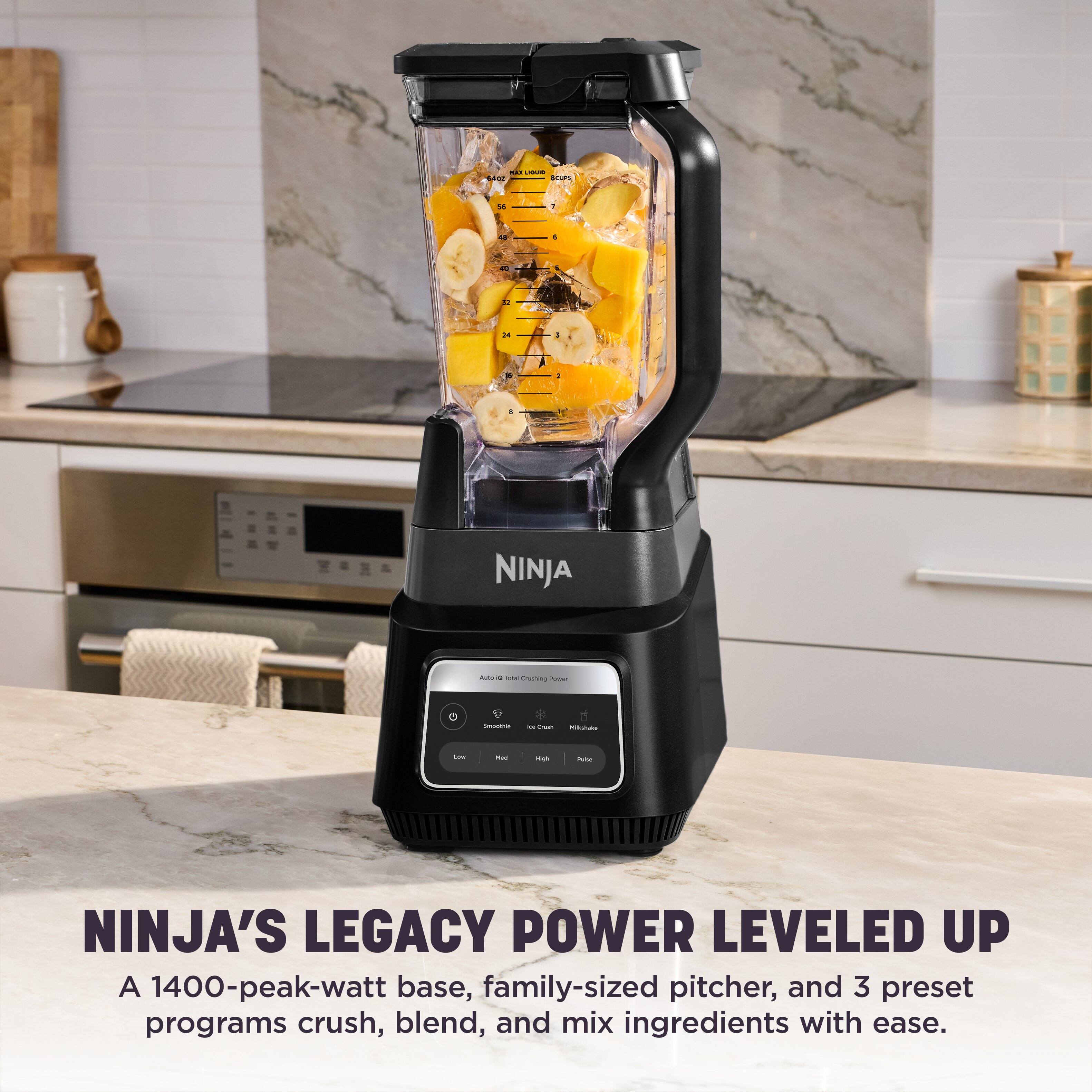 MAIL LIQUID Audout SCUPS
56
40
-
8
32
24
!
15
I
.
NINJA
Anno C box Crushing Power
C
Smoothie
. Crush
Kikshake
Law
Fbc
High
Pulse
NINJA'S LEGACY POWER LEVELED UP A 1400-peak-watt base, family-sized pitcher, and 3 preset programs crush, blend, and mix ingredients with ease.