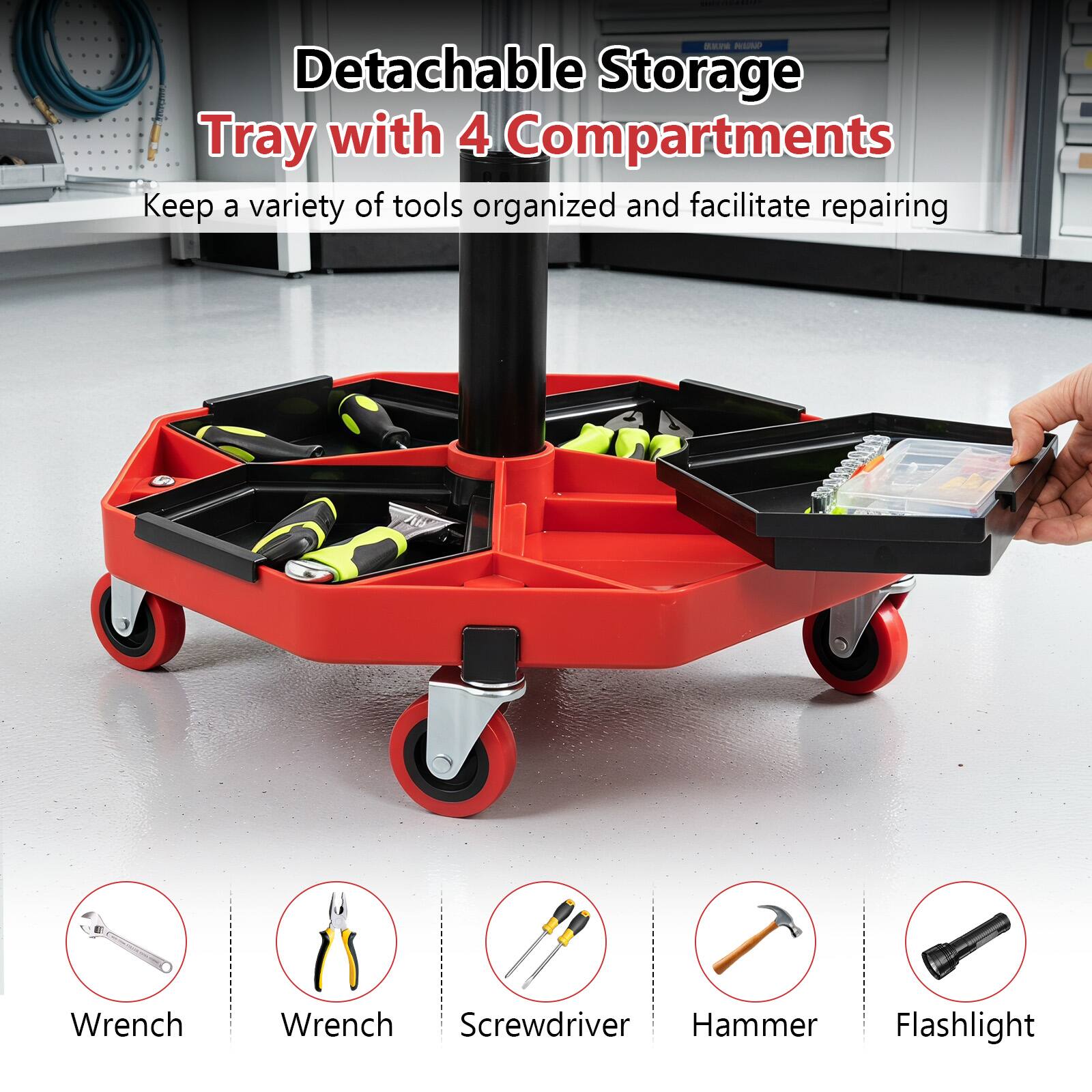 BLUCCYONA MINIMP Detachable Storage Tray with 4 Compartments  
Keep a variety of tools organized and facilitate repairing  
Wrench  
Wrench  
Screwdriver  
Hammer  
Flashlight