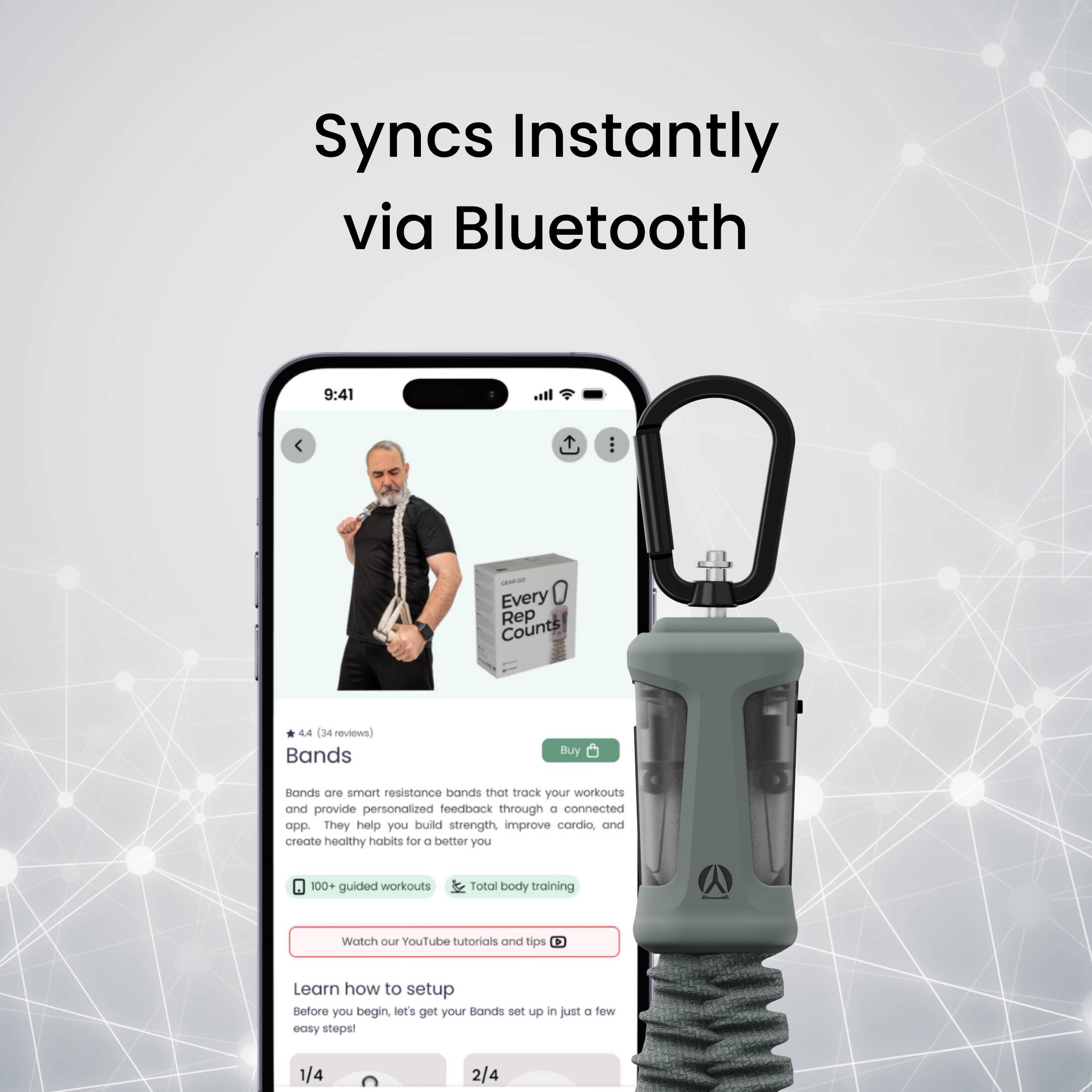 Syncs Instantly via Bluetooth

Every Rep Counts  
4.4 (34 reviews)

Bands

Bands are smart resistance bands that track your workouts and provide personalized feedback through a connected app. They help you build strength, improve cardio, and create healthy habits for a better you.

100+ guided workouts  
Total body training

Watch our YouTube tutorials and tips

Learn how to setup  
Before you begin, let's get your Bands set up in just a few easy steps!

1/4 2/4