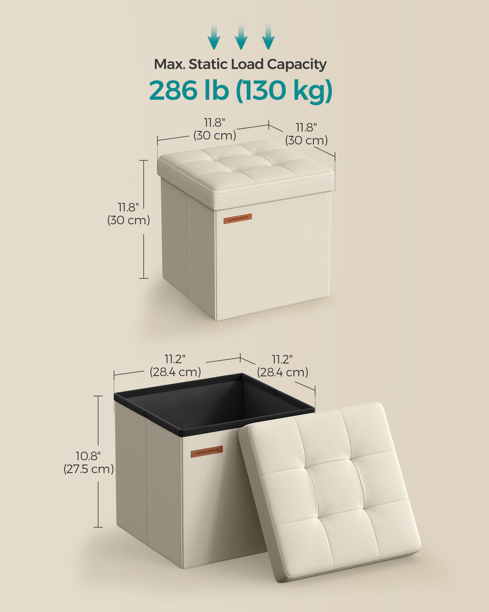 Max. Static Load Capacity 286 lb (130 kg)  
11.8" (30 cm) x 11.8" (30 cm)  
11.8" (30 cm) - 11.2" (28.4 cm)  
11.2" (28.4 cm)  
10.8" (27.5 cm)