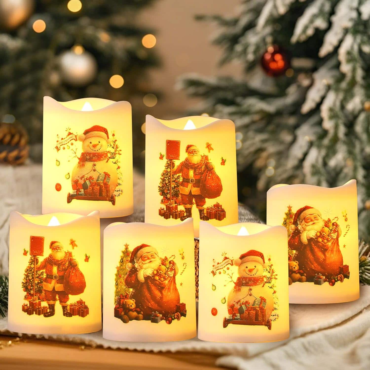 Front. Auledio - Christmas Decoration LED Candles, Pack of 6 Flameless LED Candles with Santa Claus Pattern for Christmas Decoration - White.