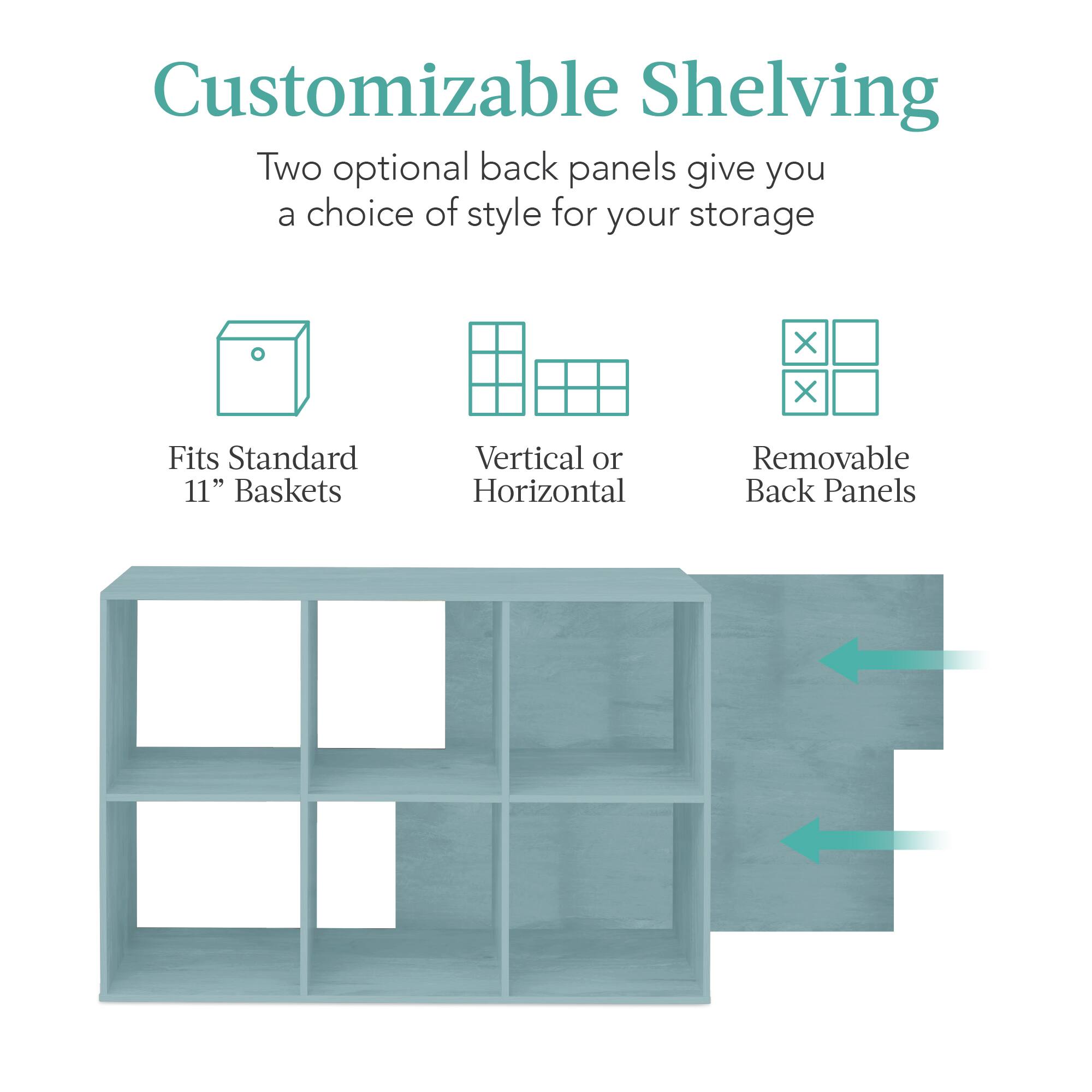 Customizable Shelving

Two optional back panels give you a choice of style for your storage.

- Fits Standard 11" Baskets
- Vertical or Horizontal
- Removable Back Panels