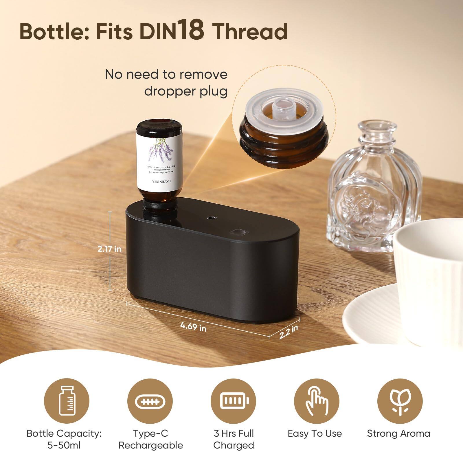 Bottle: Fits DIN18 Thread  
No need to remove dropper plug  

Bottle Capacity: 5-50ml  
Type-C Rechargeable  
3 Hrs Full Charged  
Easy To Use  
Strong Aroma  

Dimensions:  
2.17 in  
4.69 in  
2.2 in