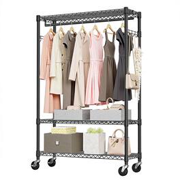 Mirfee - 3-Tier Heavy Duty Rolling Garment Rack, 75.6" H Black Chrome Clothes Rack with Wheels - Black