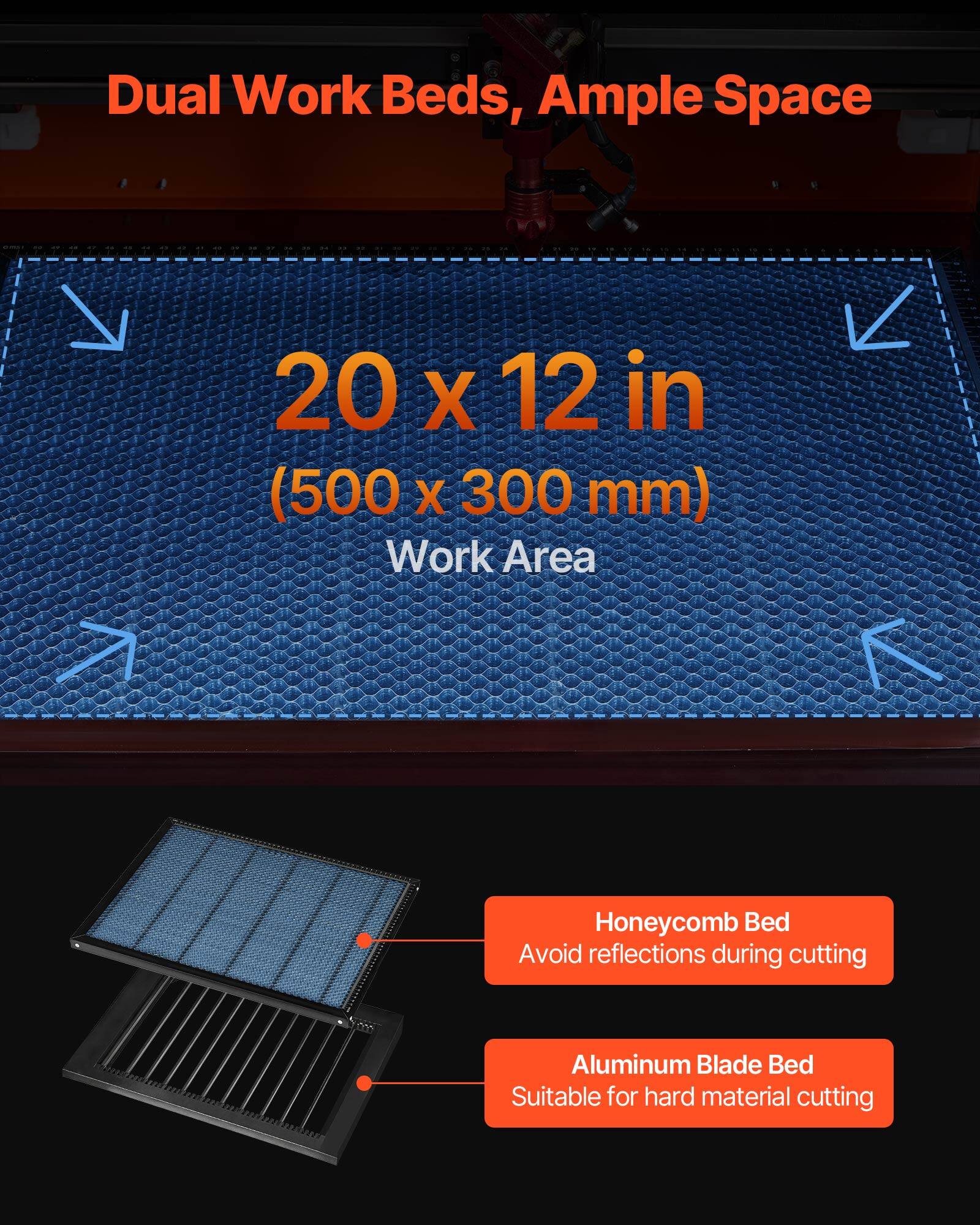 Dual Work Beds, Ample Space  
20 x 12 in (500 x 300 mm) Work Area  
Honeycomb Bed  
Avoid reflections during cutting  
Aluminum Blade Bed  
Suitable for hard material cutting