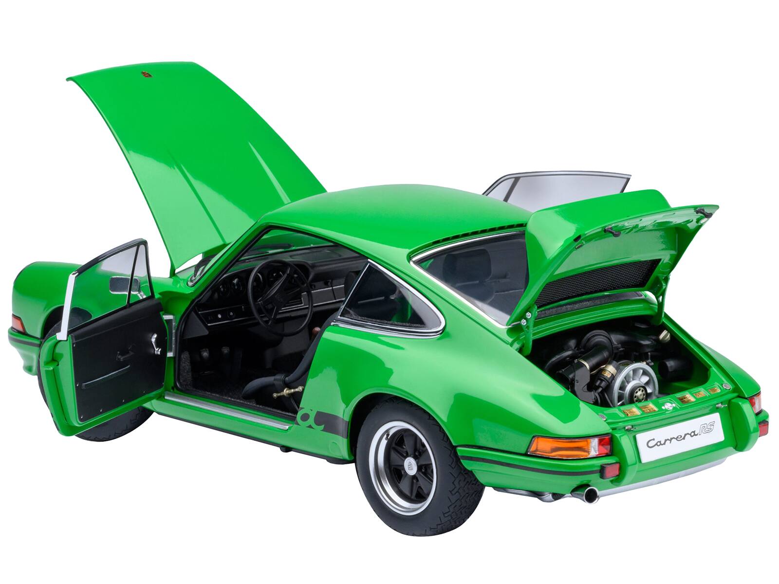 Angle. Autoart - Porsche 911 Carrera 2.7 RS Viper Green with Black Stripes and Wheels 1/18 Model Car by Autoart - Green with Black Stripes.