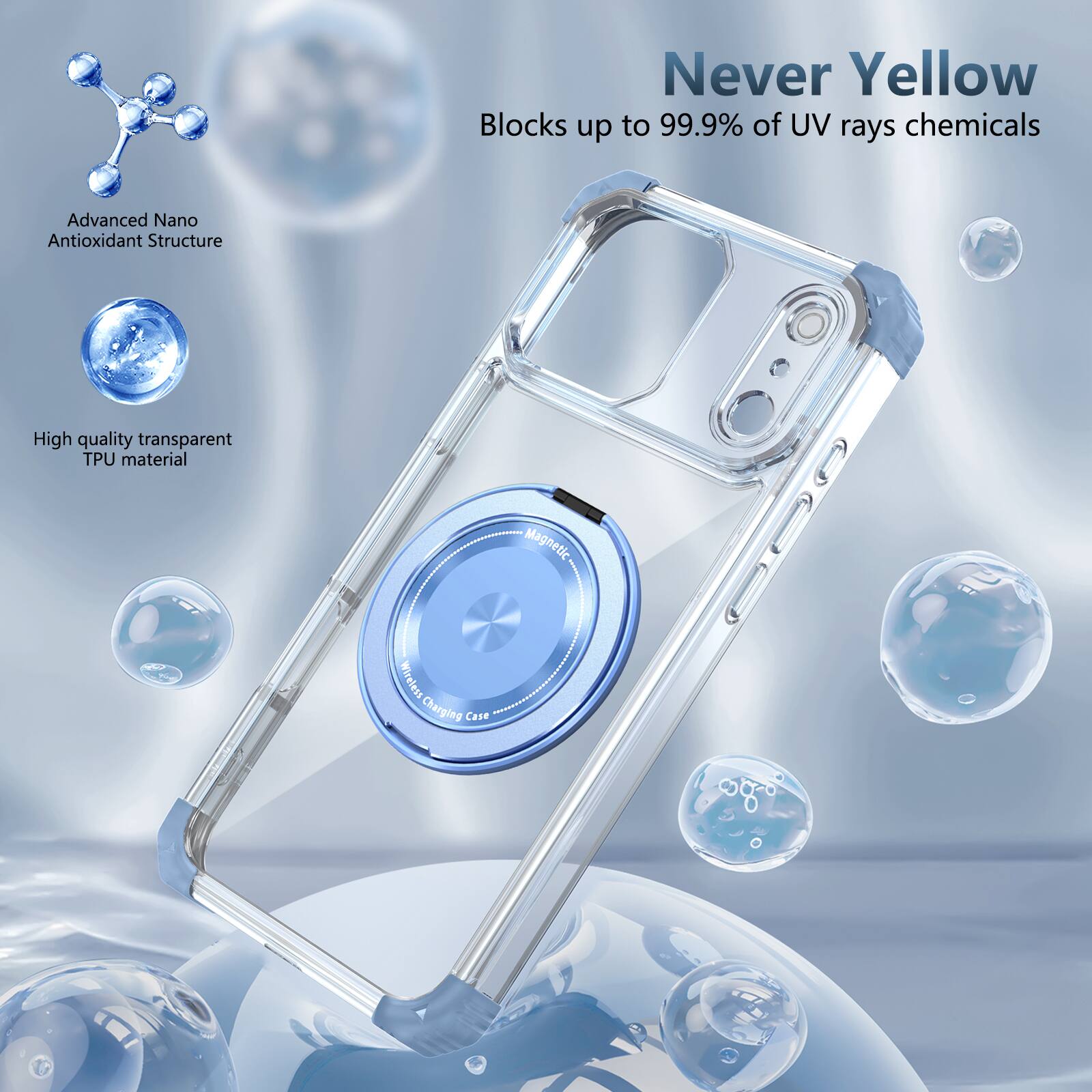 Never Yellow  
Blocks up to 99.9% of UV rays chemicals  
Advanced Nano Antioxidant Structure  
High quality transparent TPU material  
Magnetic Wireless Charging Case