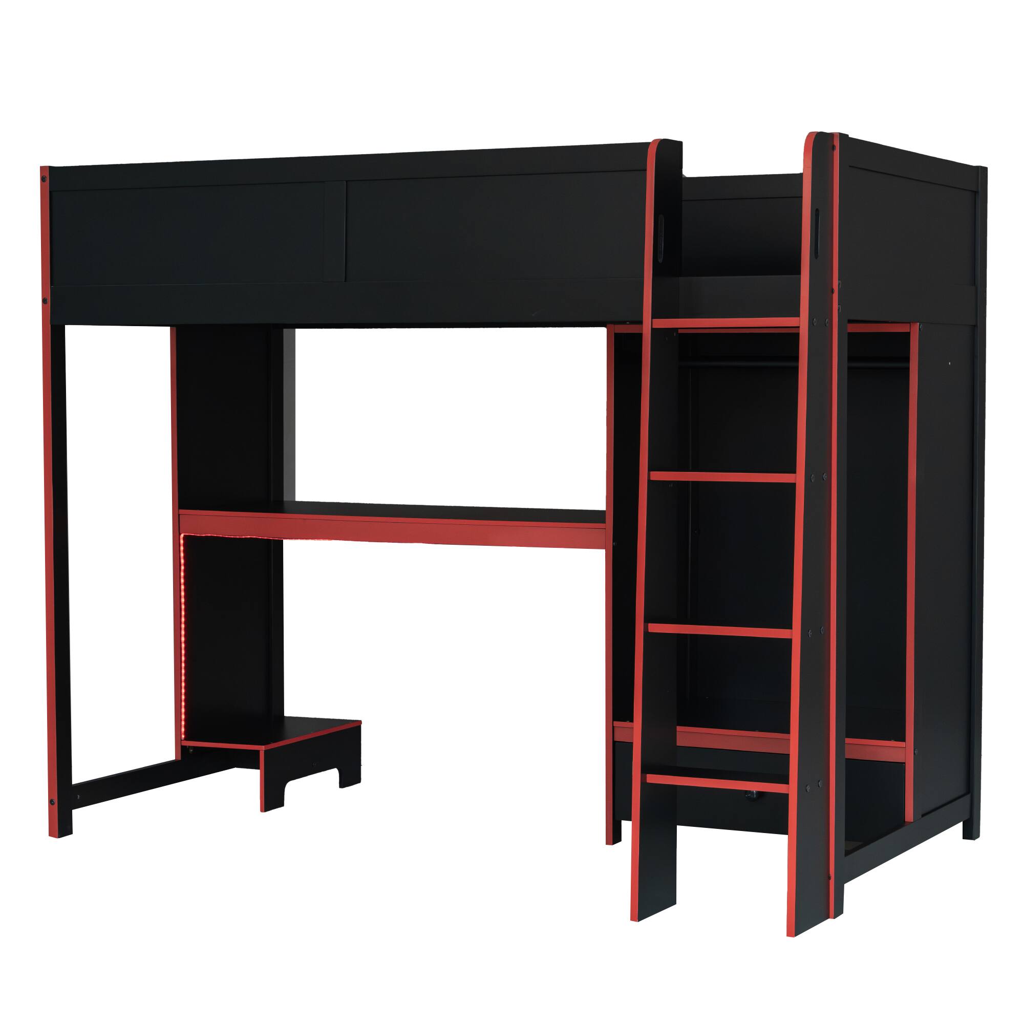 Alt View 9. Whisen - Twin Size Gaming Loft Bed with Desk, Wardrobe, Drawer & RGB LED Lights - Black.