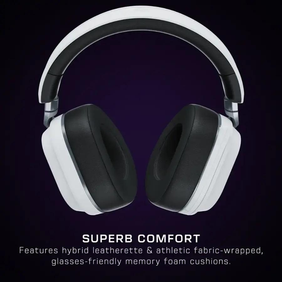 The image features a pair of white and black headphones with a purple background. The headphones are described as having a "Superb Comfort" feature, which includes hybrid leatherette and athletic fabric-wrapped cushions, as well as glasses-friendly memory foam cushions.
