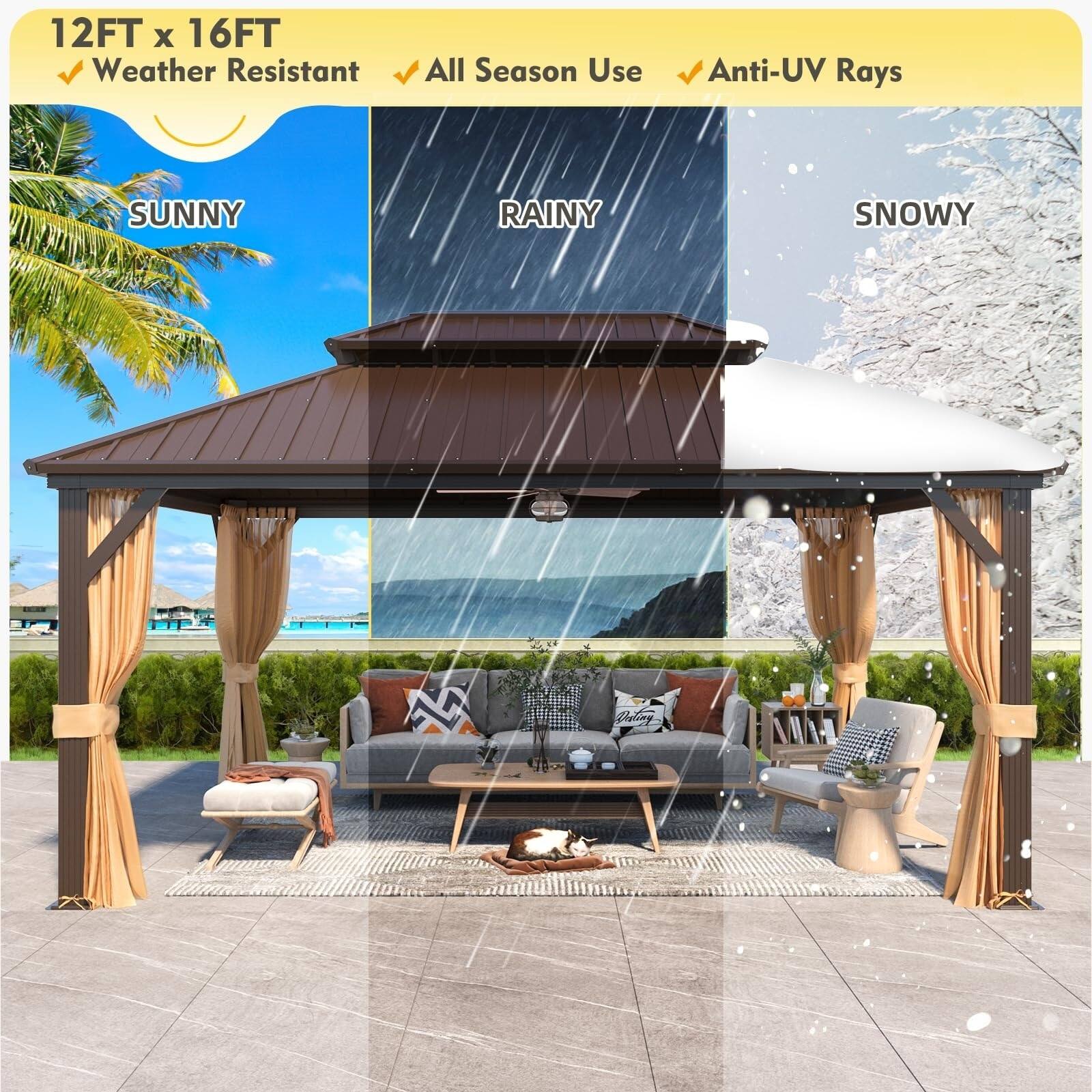 12FT x 16FT  
Weather Resistant  
All Season Use  
Anti-UV Rays  

SUNNY  
RAINY  
SNOWY