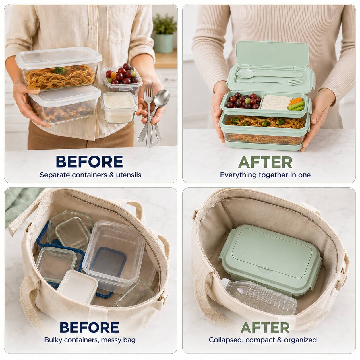 BEFORE
Separate containers & utensils

AFTER
Everything together in one

BEFORE
Bulky containers, messy bag

AFTER
Collapsed, compact & organized